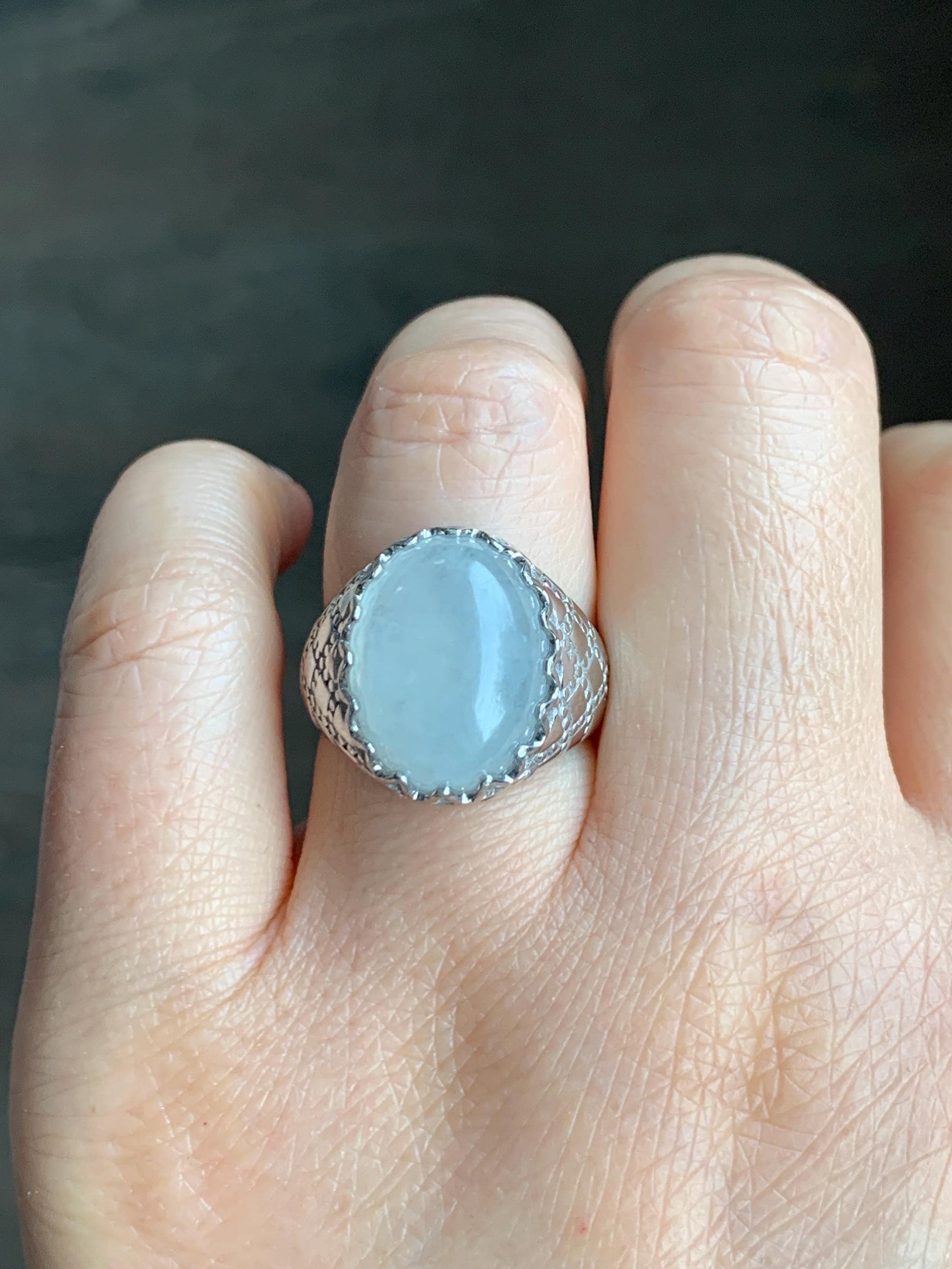 Certified Natural Grade A Icy Translation White Large Jadeite Oval Solitaire Ring Sterling Silver Size 7.25 US