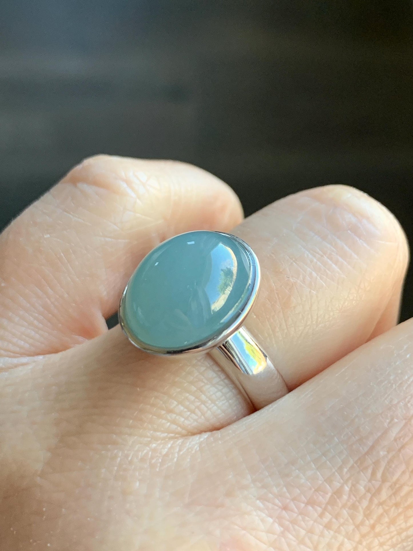 Certified Natural Guatemalan Icy Translucent Dusty Light Blue Jadeite Large Oval Ring Sterling Silver size 7.25 US