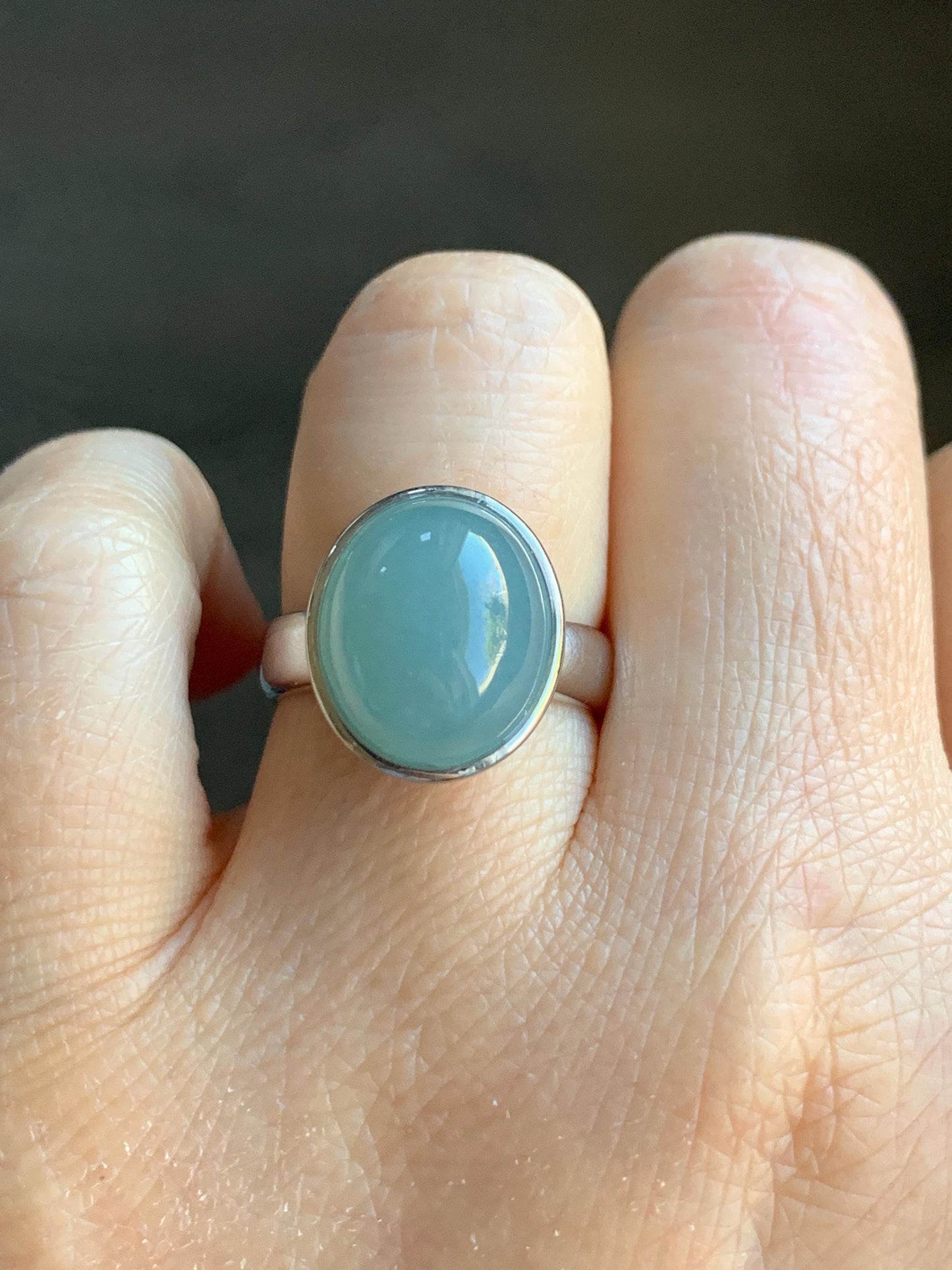 Certified Natural Guatemalan Icy Translucent Dusty Light Blue Jadeite Large Oval Ring Sterling Silver size 7.25 US