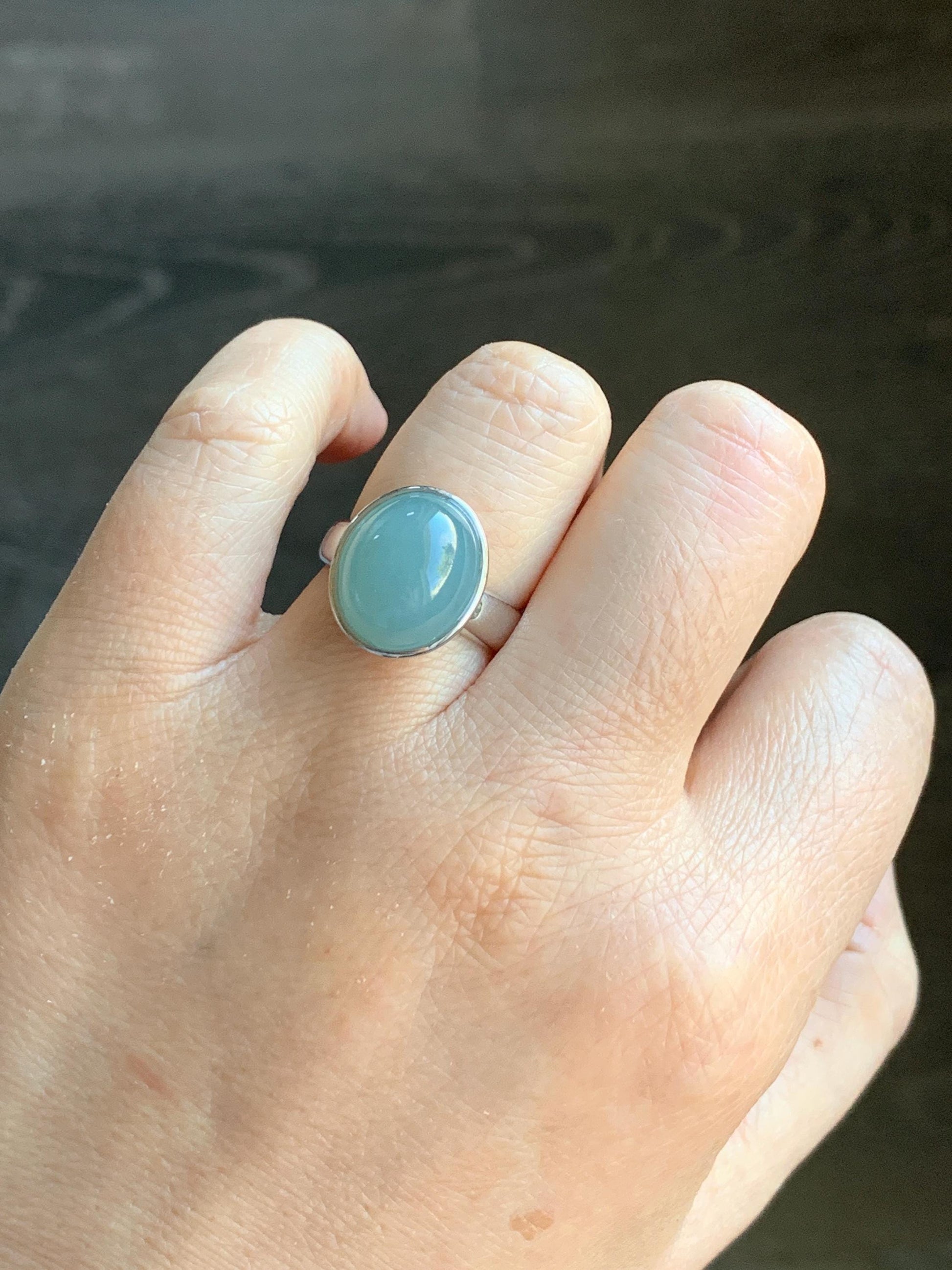 Certified Natural Guatemalan Icy Translucent Dusty Light Blue Jadeite Large Oval Ring Sterling Silver size 7.25 US
