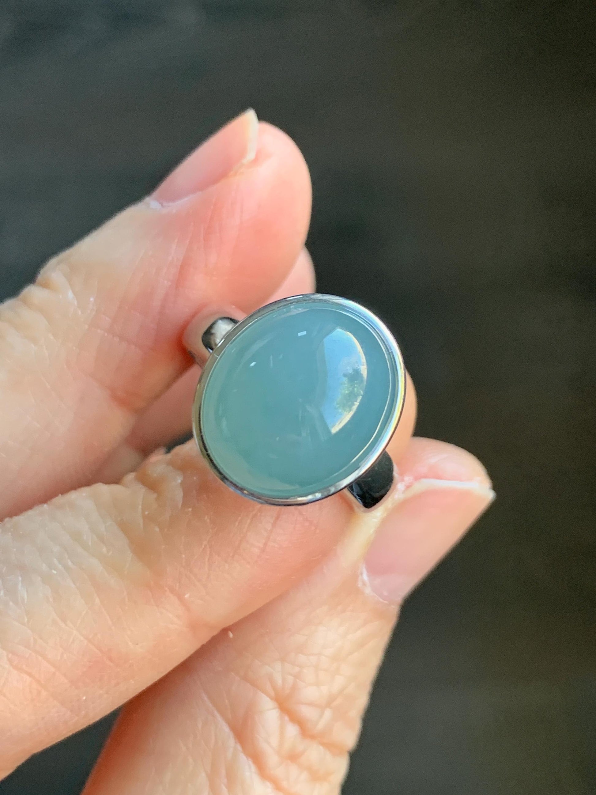 Certified Natural Guatemalan Icy Translucent Dusty Light Blue Jadeite Large Oval Ring Sterling Silver size 7.25 US