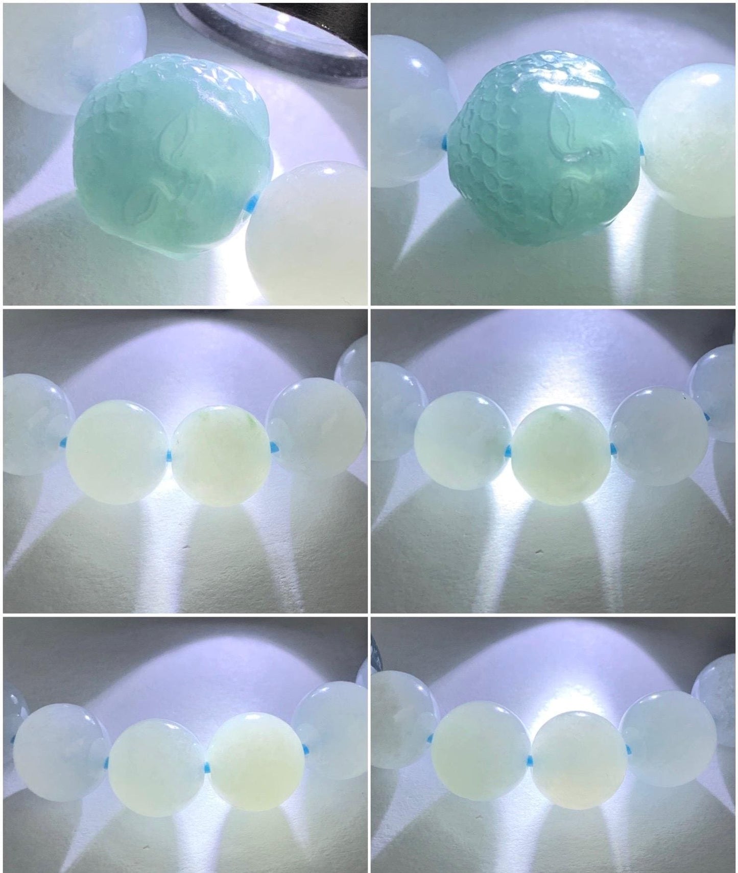 Natural Grade A Premium Icy Translucent Gelatinous White Jadeite Large Beads Dusty Blue Buddha Head Beaded Bracelet 7” 35g 天然冰胶白翡翠珠危蓝佛头珠手串