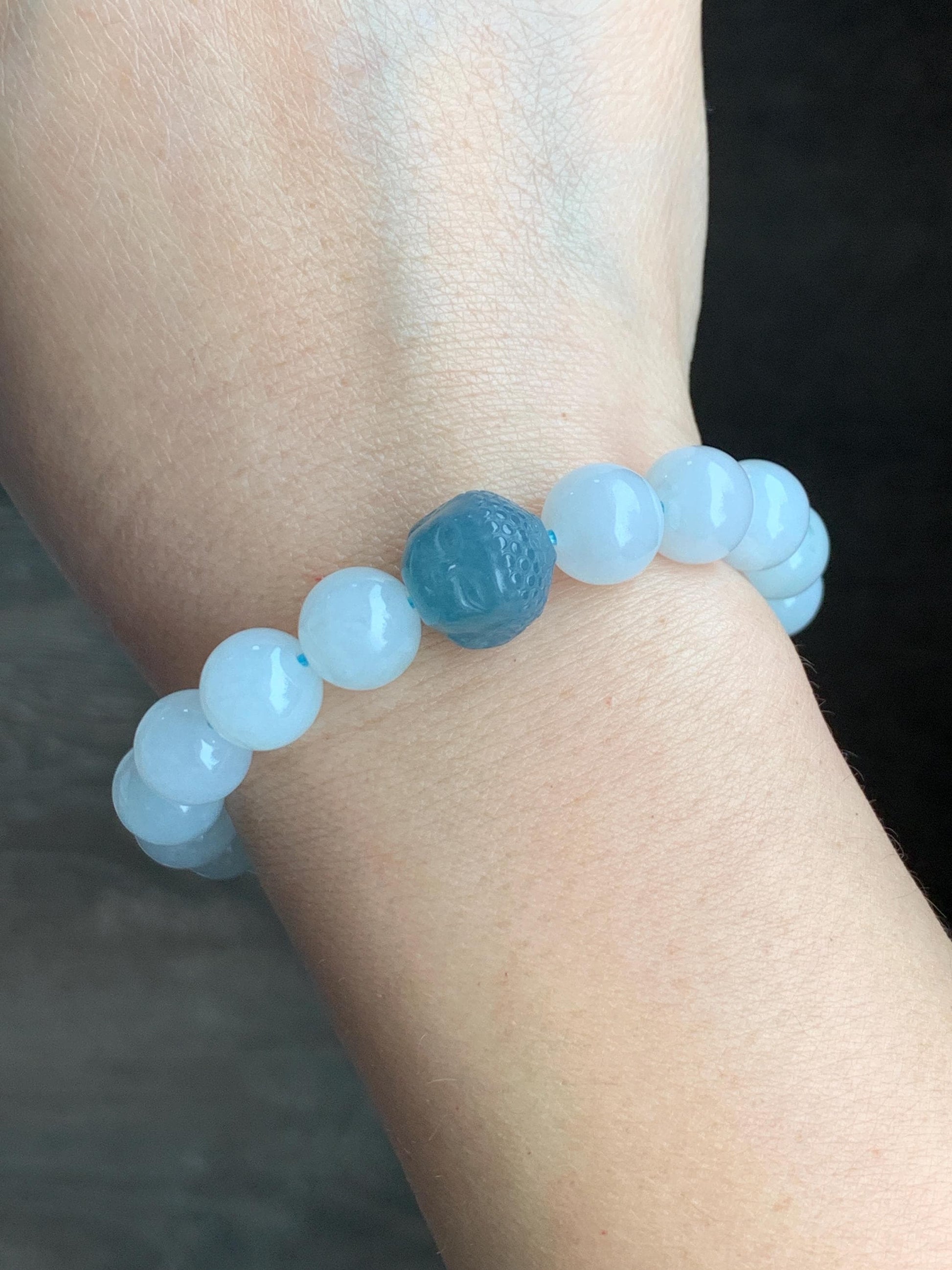 Natural Grade A Premium Icy Translucent Gelatinous White Jadeite Large Beads Dusty Blue Buddha Head Beaded Bracelet 7”