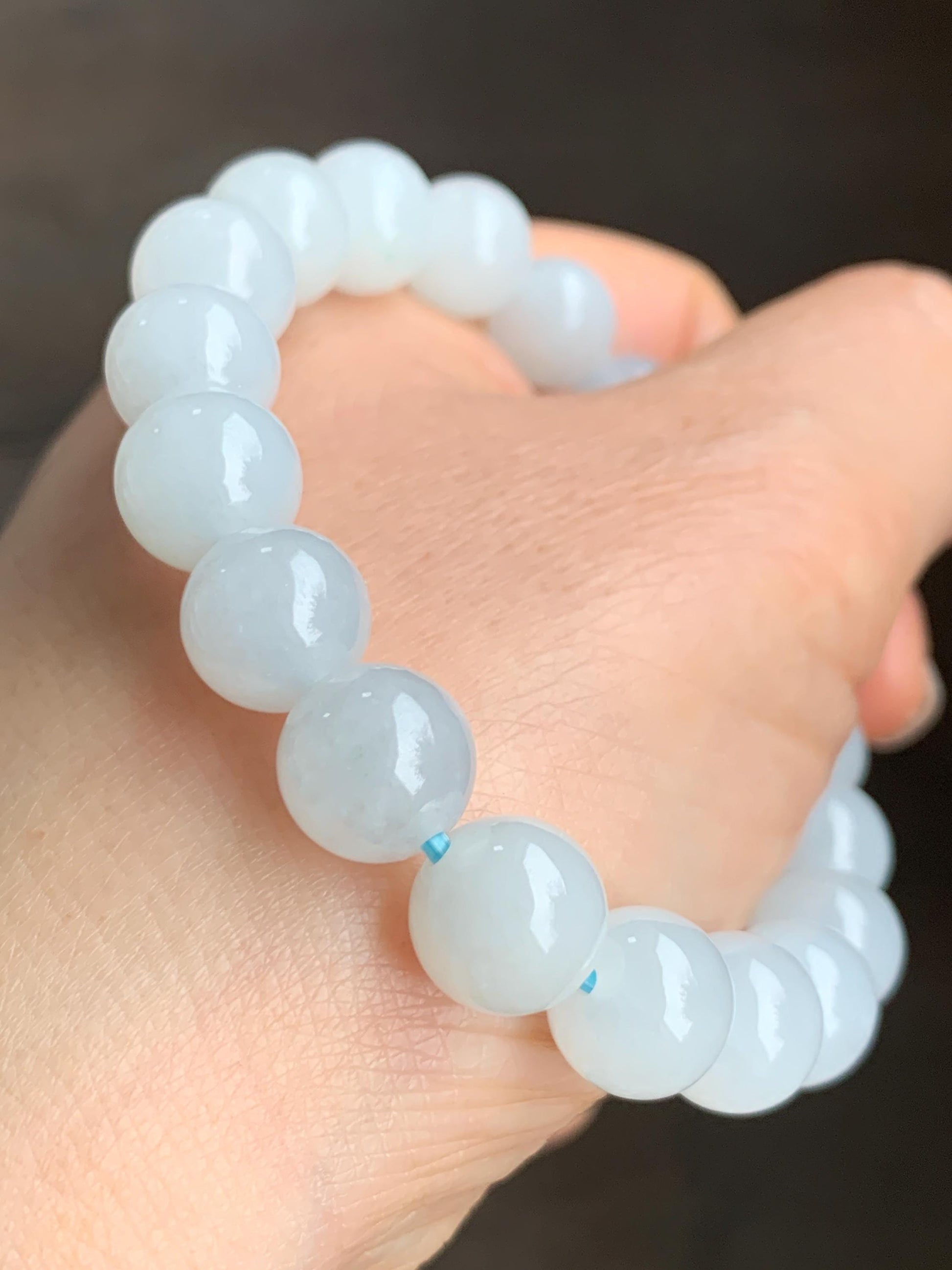 Natural Grade A Premium Icy Translucent Gelatinous White Jadeite Large Beads Dusty Blue Buddha Head Beaded Bracelet 7”