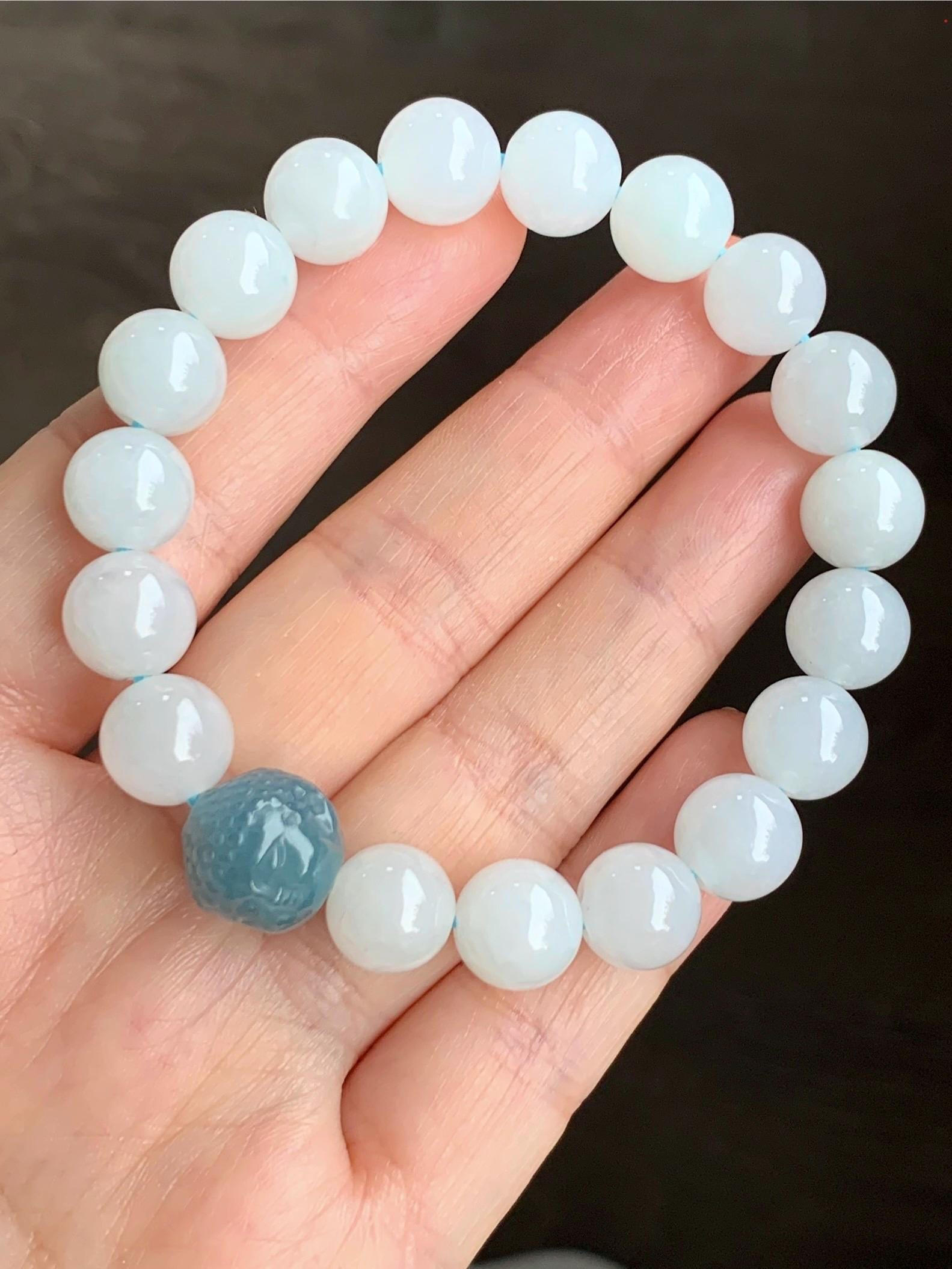 Natural Grade A Premium Icy Translucent Gelatinous White Jadeite Large Beads Dusty Blue Buddha Head Beaded Bracelet 7”