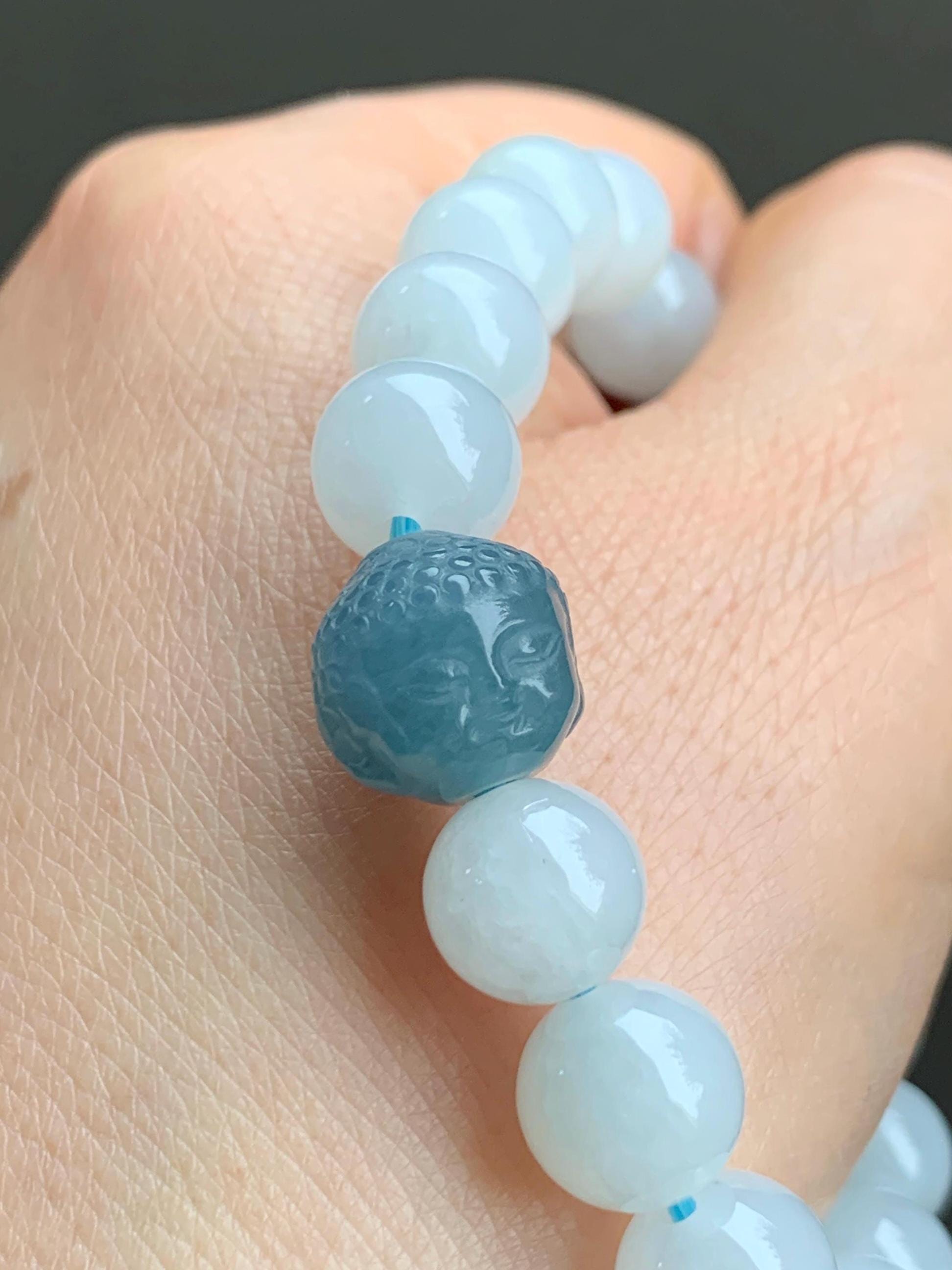 Natural Grade A Premium Icy Translucent Gelatinous White Jadeite Large Beads Dusty Blue Buddha Head Beaded Bracelet 7” 35g 天然冰胶白翡翠珠危蓝佛头珠手串