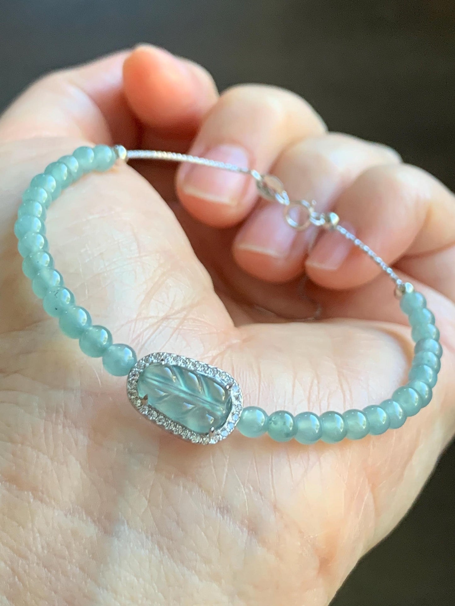 Natural Guatemalan Icy Translucent Light Teal Blue Jadeite Leaf Charm & Petite Beads Wire Bracelet Sterling Silver 6.5”-7.5” 天然冰危浅蓝翡翠叶子珠银手串