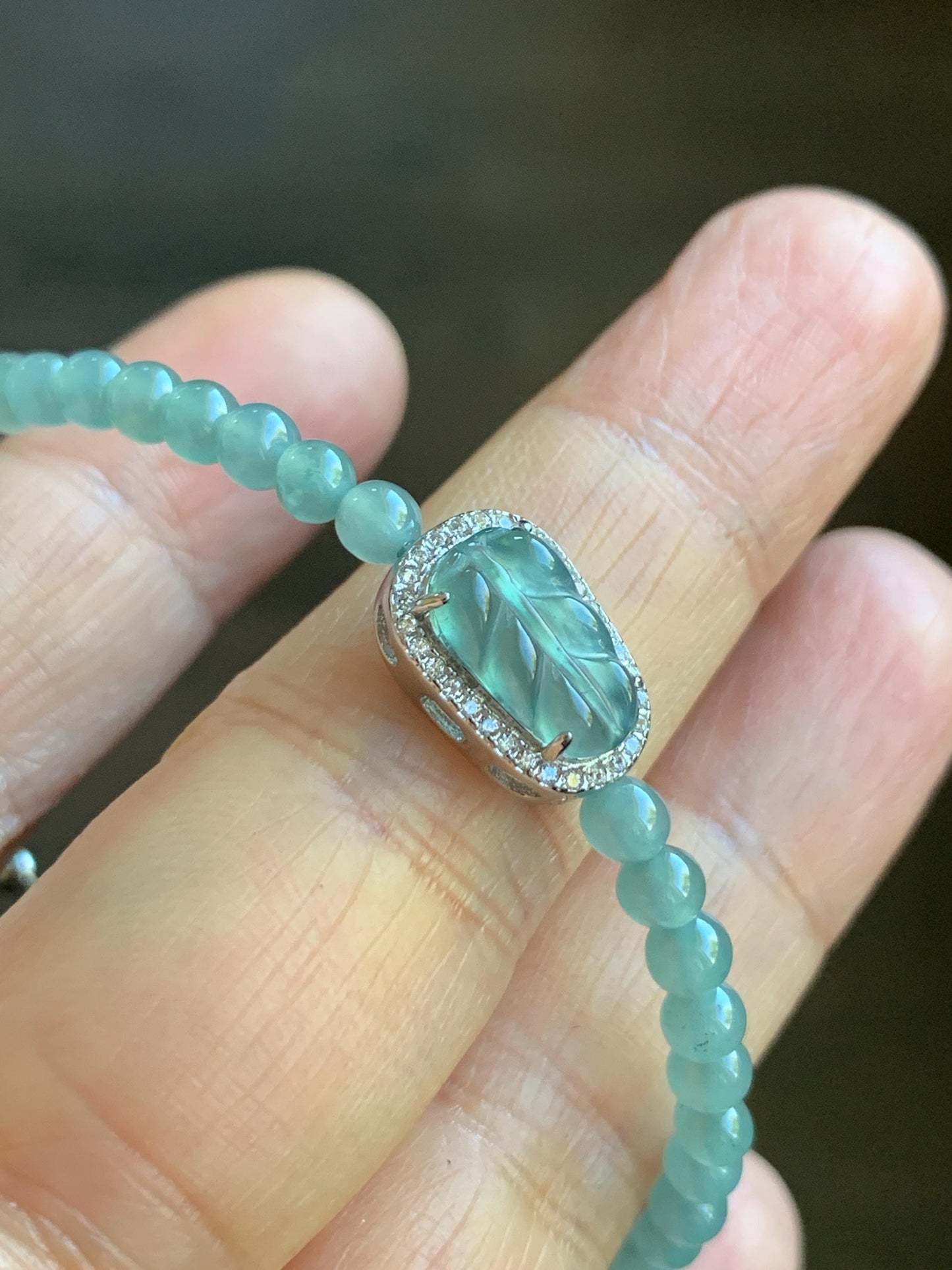 Natural Guatemalan Icy Translucent Light Teal Blue Jadeite Leaf Charm & Petite Beads Wire Bracelet Sterling Silver 6.5”-7.5” 天然冰危浅蓝翡翠叶子珠银手串