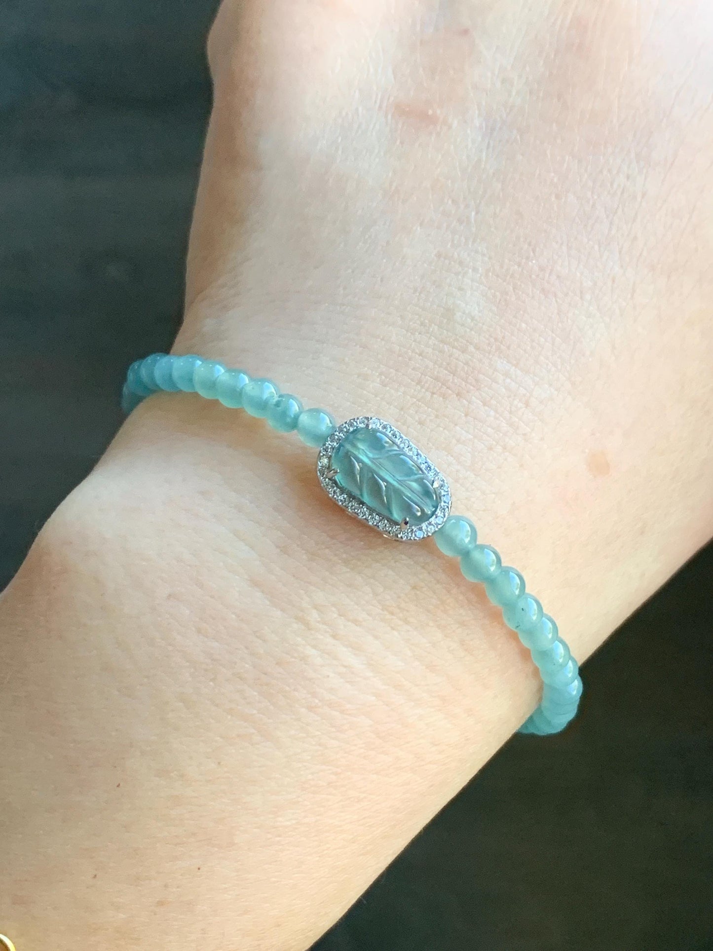Natural Guatemalan Icy Translucent Light Teal Blue Jadeite Leaf Charm & Petite Beads Wire Bracelet Sterling Silver 6.5”-7.5” 天然冰危浅蓝翡翠叶子珠银手串