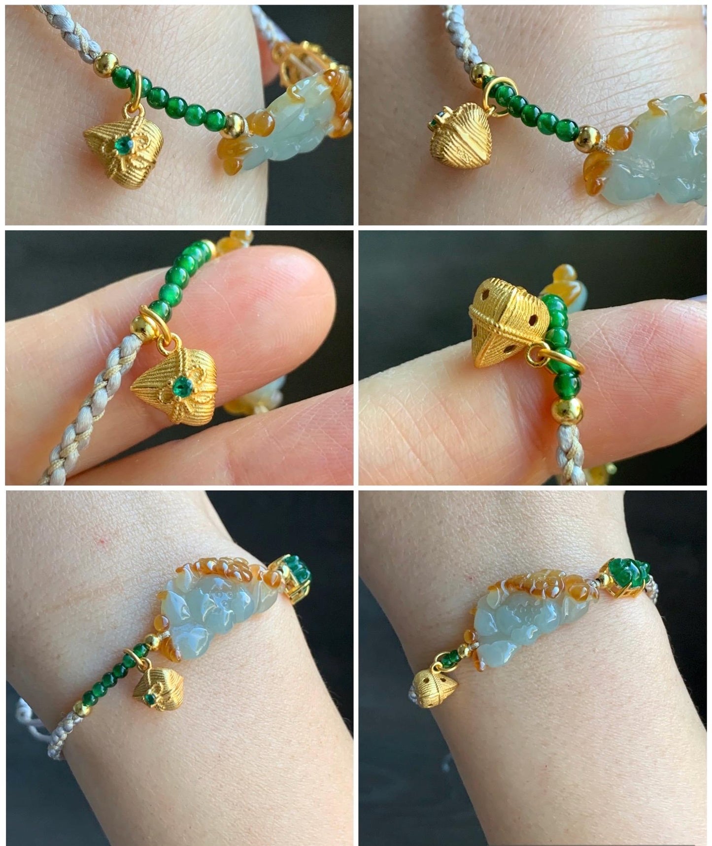 Natural Icy Translucent Multicolored Jadeite Lotus Flower Goldfish Zongzi Charm Rope Bracelet Sterling Silver Adjustable 天然撒金翡翠莲花危绿金鱼潘多拉粽子手绳