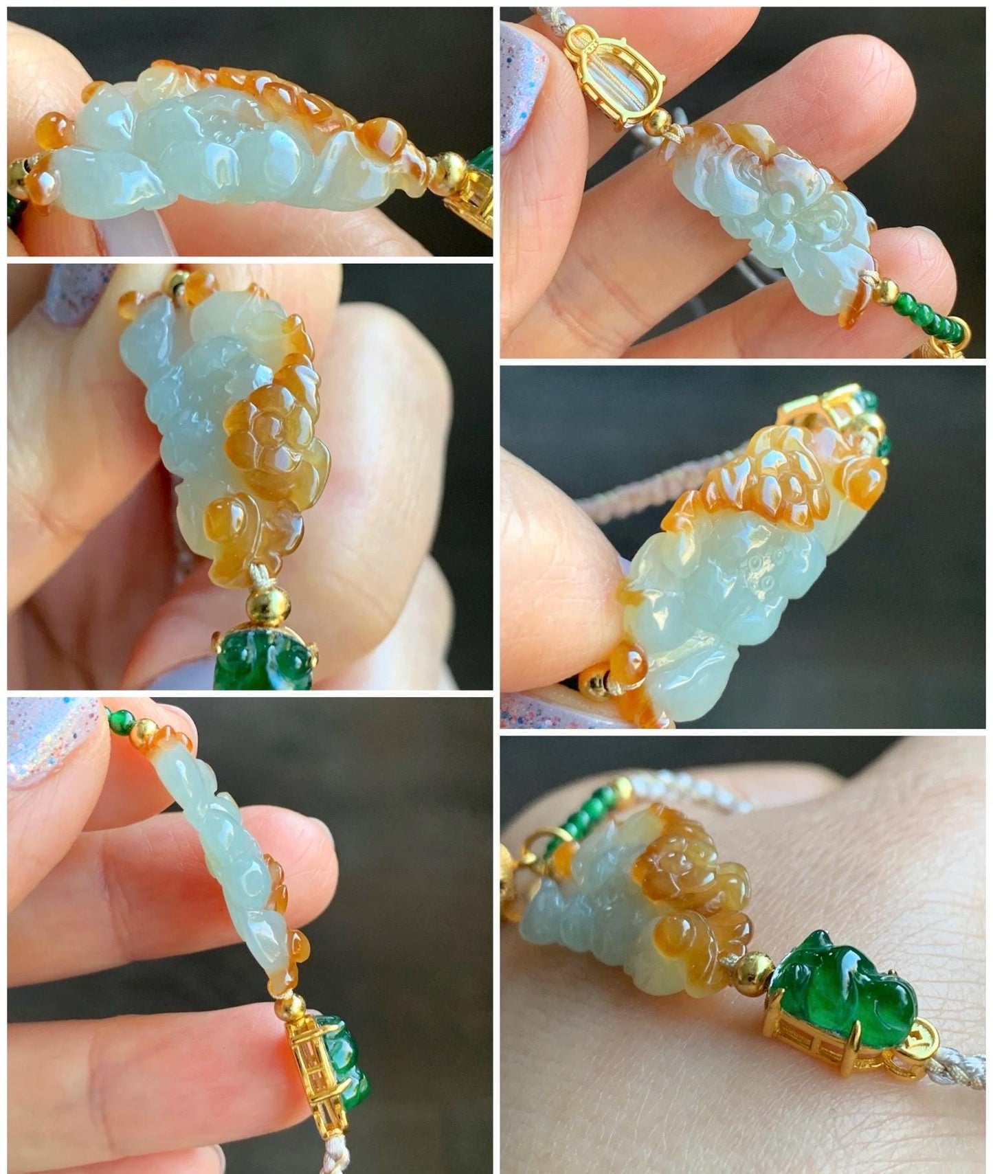 Natural Icy Translucent Multicolored Jadeite Lotus Flower Goldfish Zongzi Charm Rope Bracelet Sterling Silver Adjustable 天然撒金翡翠莲花危绿金鱼潘多拉粽子手绳