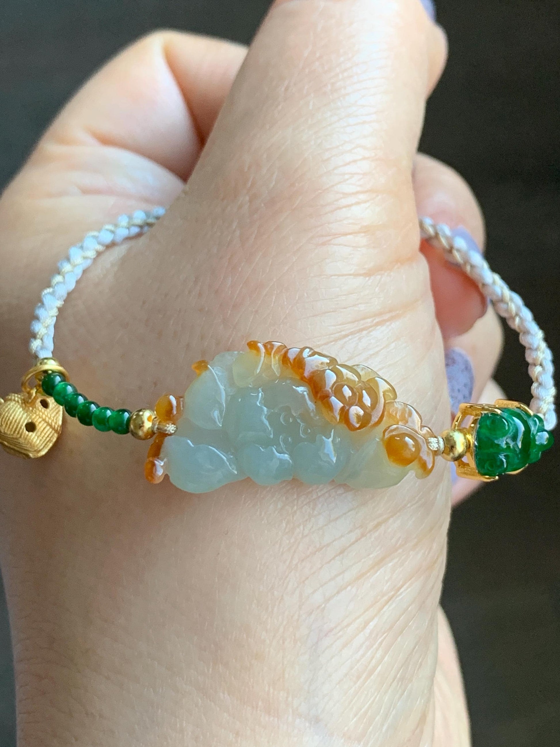 Natural Icy Translucent Multicolored Jadeite Lotus Flower Goldfish Zongzi Charm Rope Bracelet Sterling Silver Adjustable 天然撒金翡翠莲花危绿金鱼潘多拉粽子手绳