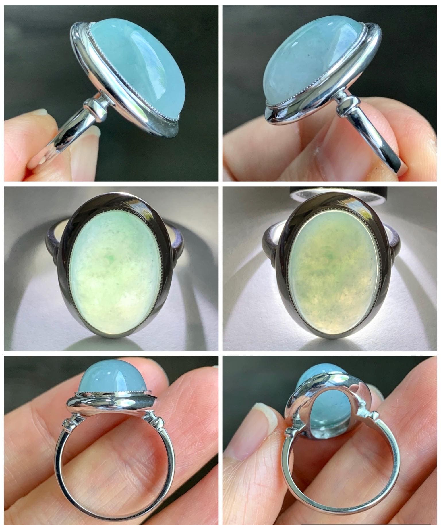 Certified Natural Grade A Icy Translucent Light Blue Jadeite Large Oval Ring Sterling Silver size 7.25 US 6g 天然冰胶危浅蓝翡翠镶嵌戒指 7403