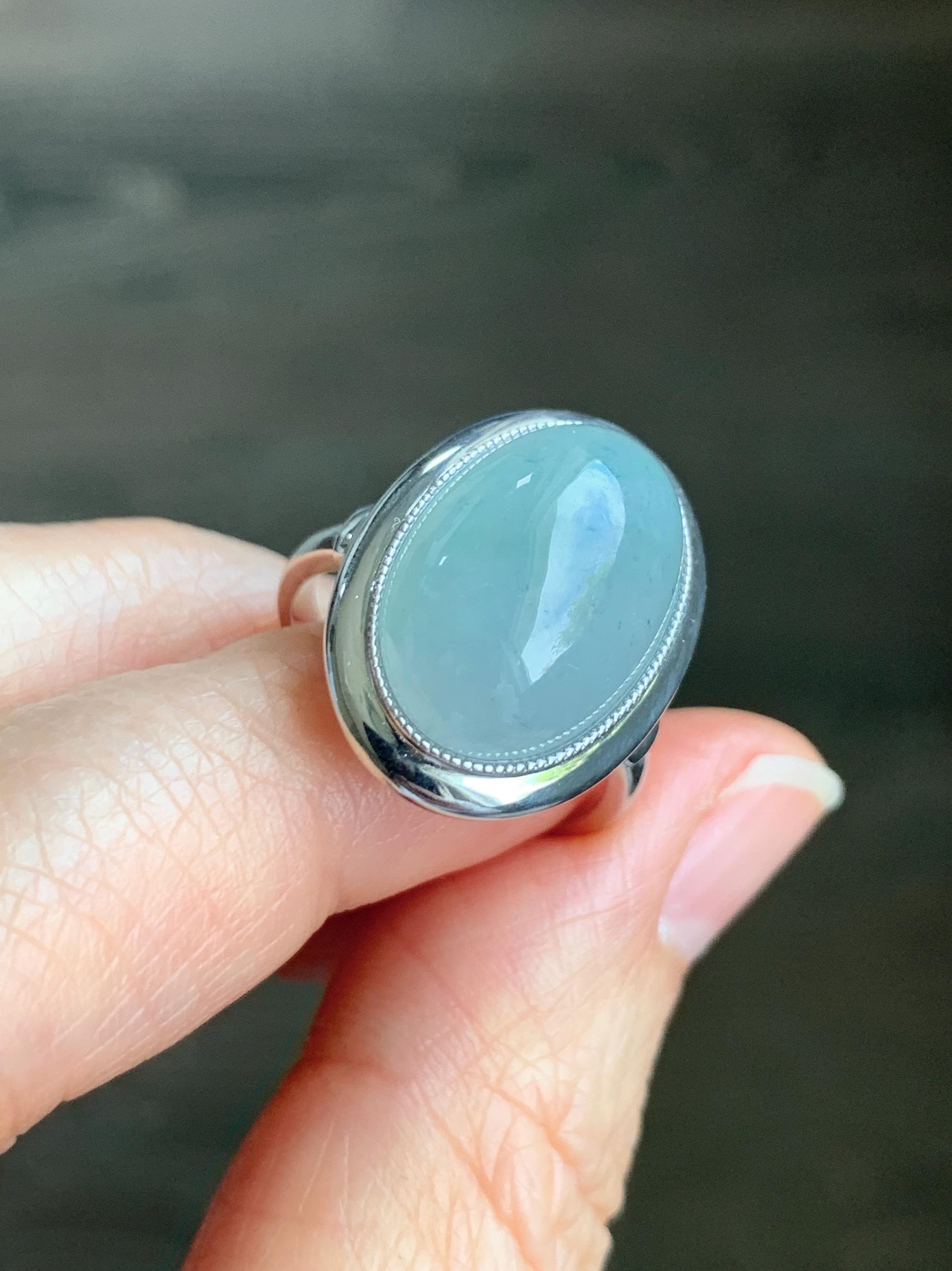 Certified Natural Grade A Icy Translucent Light Blue Jadeite Large Oval Ring Sterling Silver size 7.25 US 6g 天然冰胶危浅蓝翡翠镶嵌戒指 7403