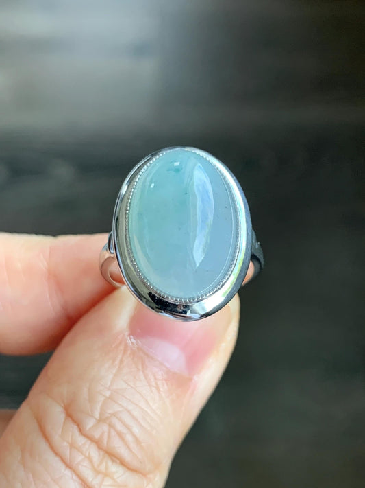 Certified Natural Grade A Icy Translucent Light Blue Jadeite Large Oval Ring Sterling Silver size 7.25 US