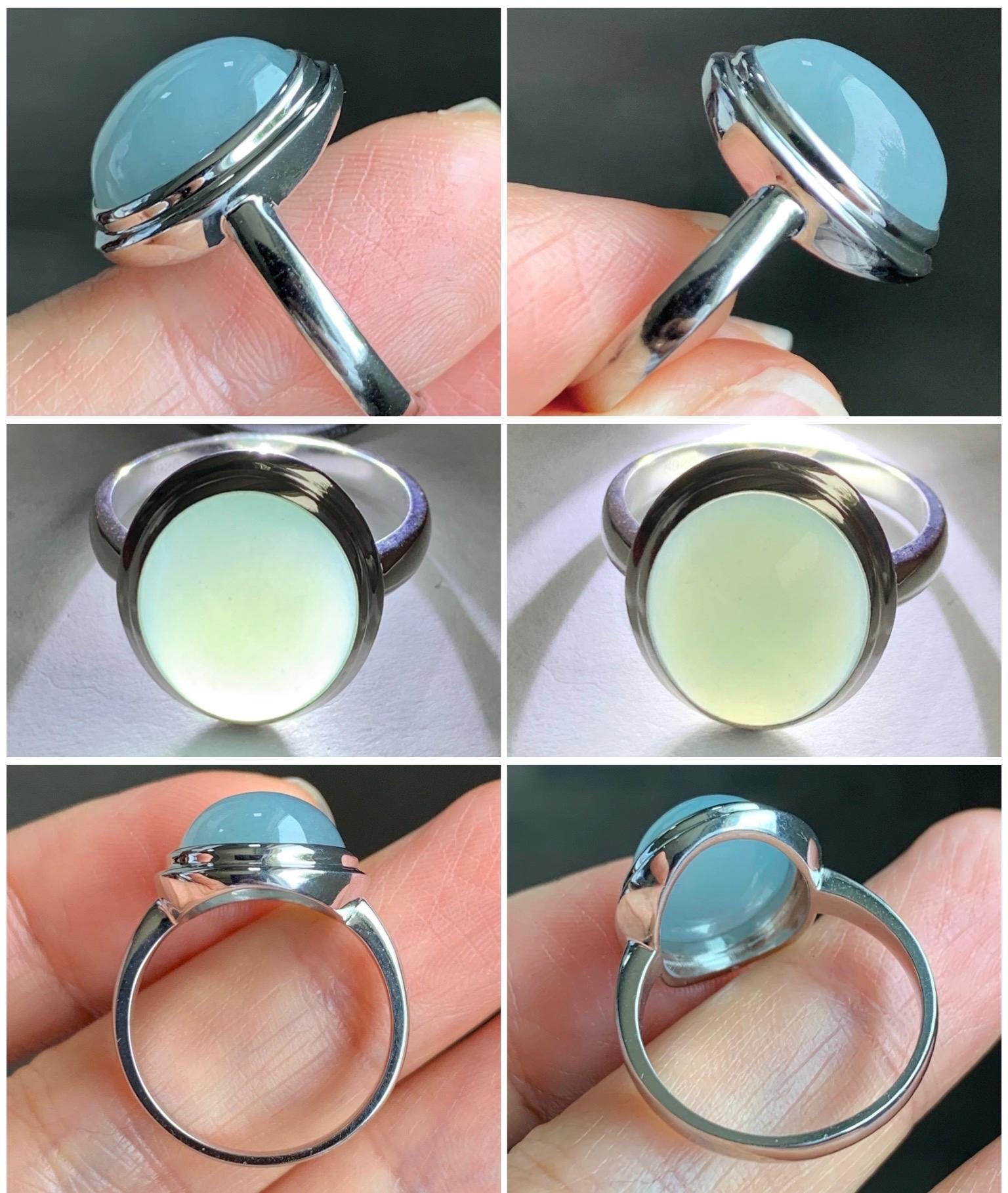 Certified Natural Guatemalan Icy Translucent Dusty Light Blue Jadeite Large Oval Ring Sterling Silver size 7.25 US 5.17g 天然冰胶危浅蓝翡翠镶嵌戒指 7399