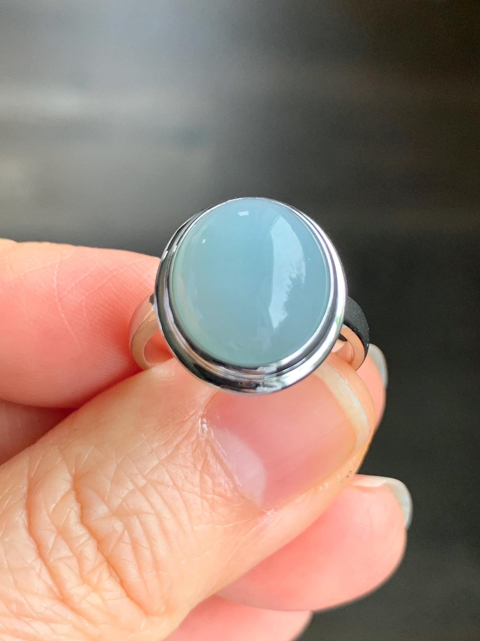 Certified Natural Guatemalan Icy Translucent Dusty Light Blue Jadeite Large Oval Ring Sterling Silver size 7.25 US 5.17g 天然冰胶危浅蓝翡翠镶嵌戒指 7399