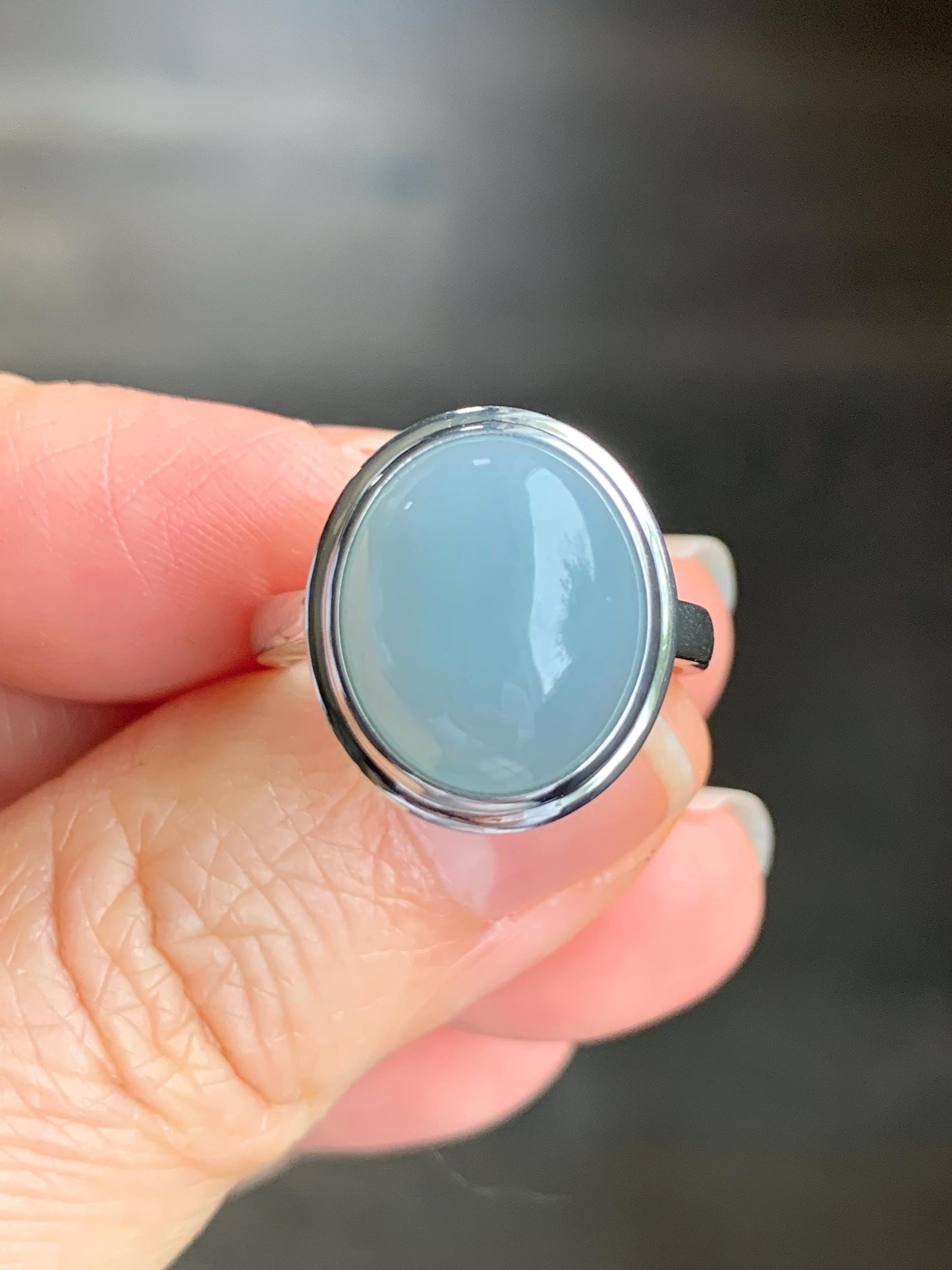 Certified Natural Guatemalan Icy Translucent Dusty Light Blue Jadeite Large Oval Ring Sterling Silver size 7.25