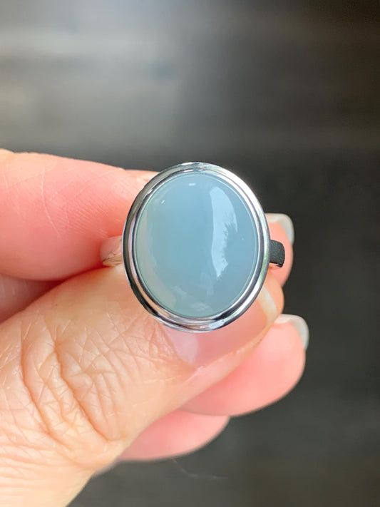 Certified Natural Guatemalan Icy Translucent Dusty Light Blue Jadeite Large Oval Ring Sterling Silver size 7.25