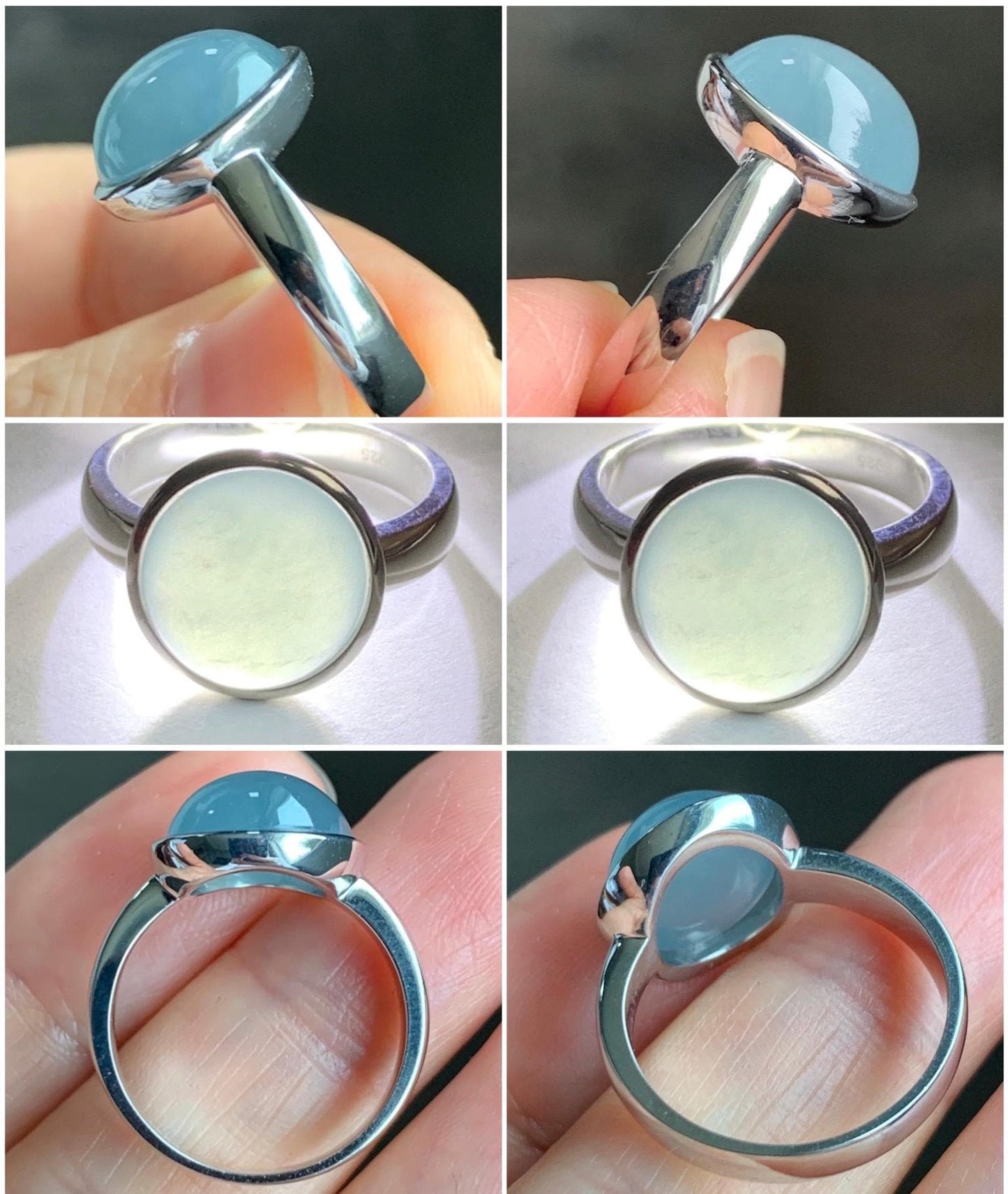 Certified Natural Guatemalan Icy Translucent Dusty Light Blue Jadeite Large Oval Ring Sterling Silver size 7 US 4.99g 天然冰胶危浅蓝翡翠镶嵌戒指 7390