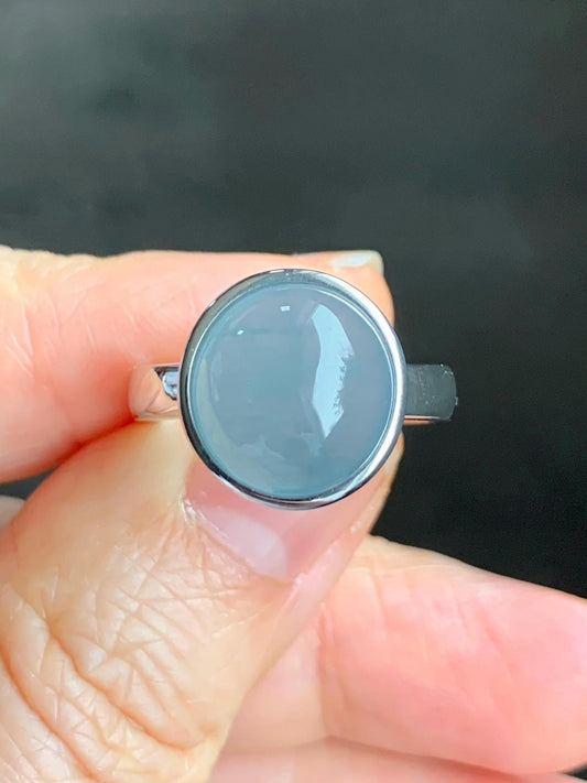 Certified Natural Guatemalan Icy Translucent Dusty Light Blue Jadeite Large Oval Ring Sterling Silver size 7 US