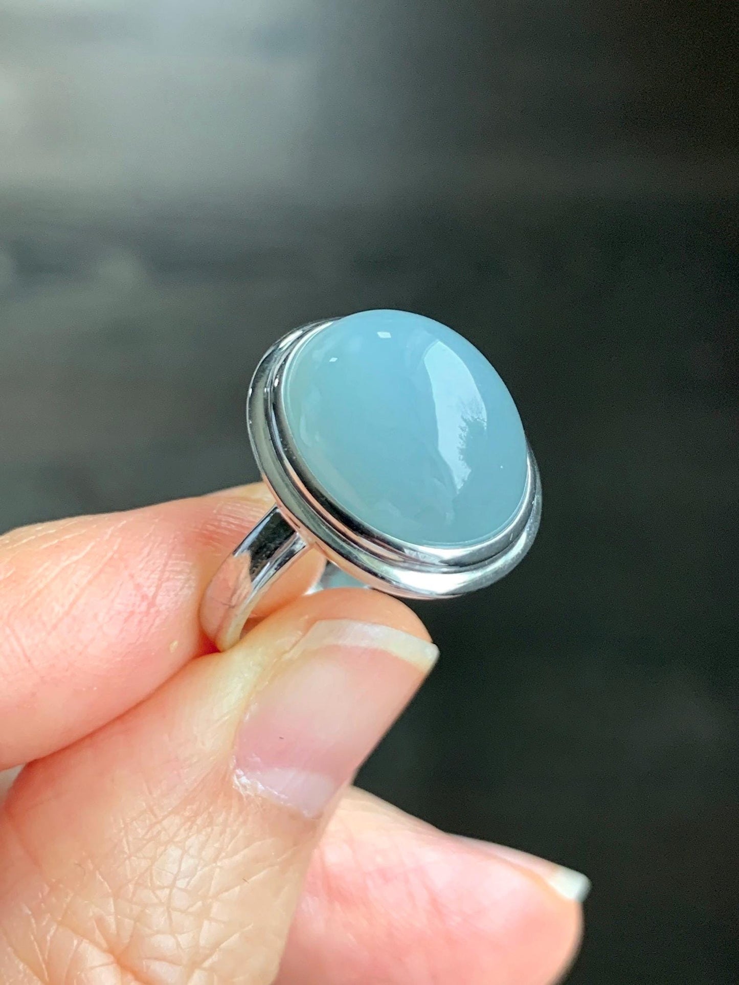 Certified Natural Guatemalan Icy Translucent Dusty Light Blue Jadeite Large Oval Ring Sterling Silver size 7 US 5.82g 天然冰胶危浅蓝翡翠镶嵌戒指 7398