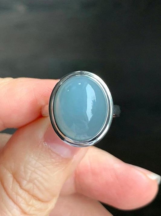 Certified Natural Guatemalan Icy Translucent Dusty Light Blue Jadeite Large Oval Ring Sterling Silver size 7
