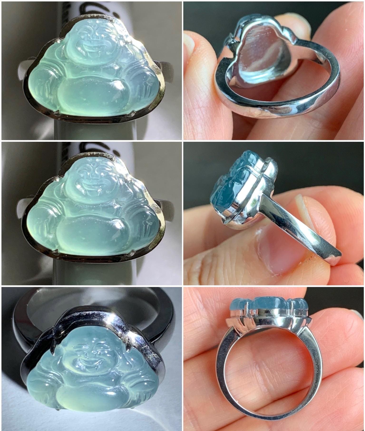 Certified Natural Guatemalan Icy Highly Translucent Light Teal Blue Jadeite Buddha Ring Sterling Silver Size 7 US 5.79g 天然冰危浅蓝起光翡翠佛公戒指 1680