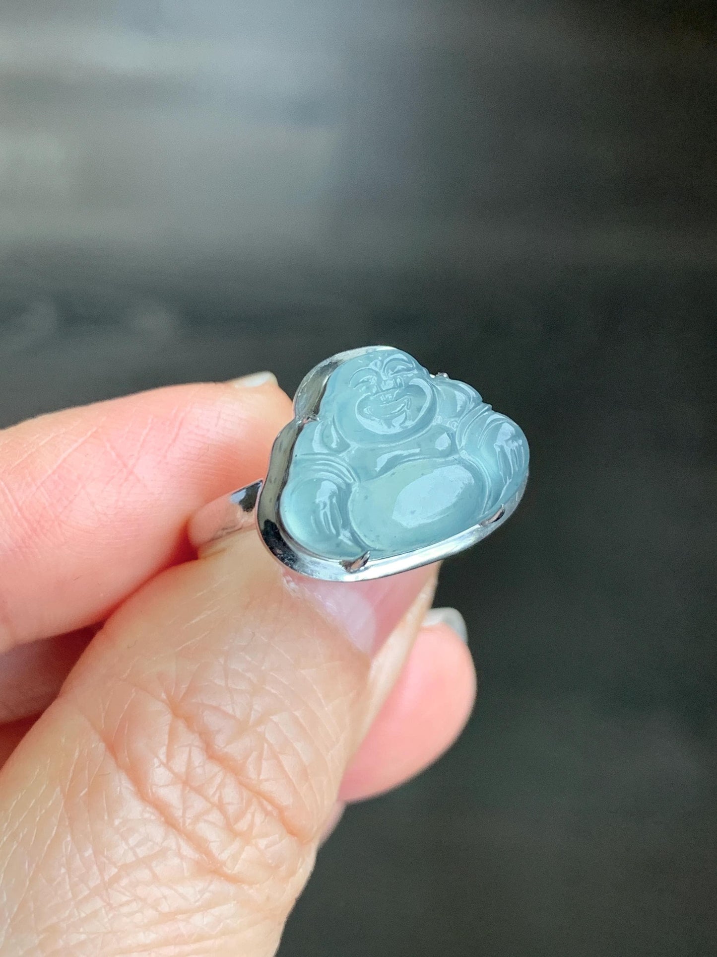 Certified Natural Guatemalan Icy Highly Translucent Light Teal Blue Jadeite Buddha Ring Sterling Silver Size 7