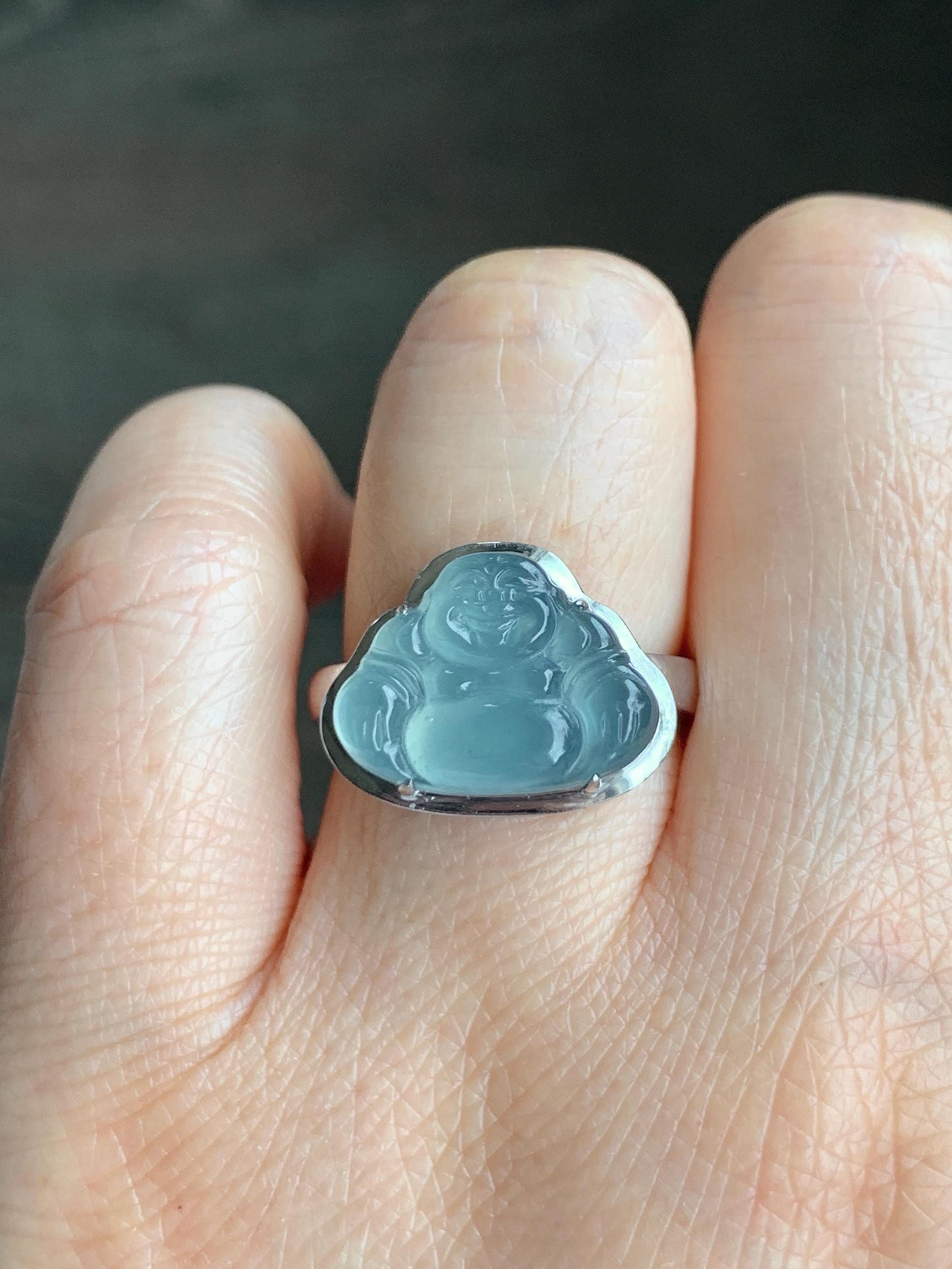 Certified Natural Guatemalan Icy Highly Translucent Light Teal Blue Jadeite Buddha Ring Sterling Silver Size 7