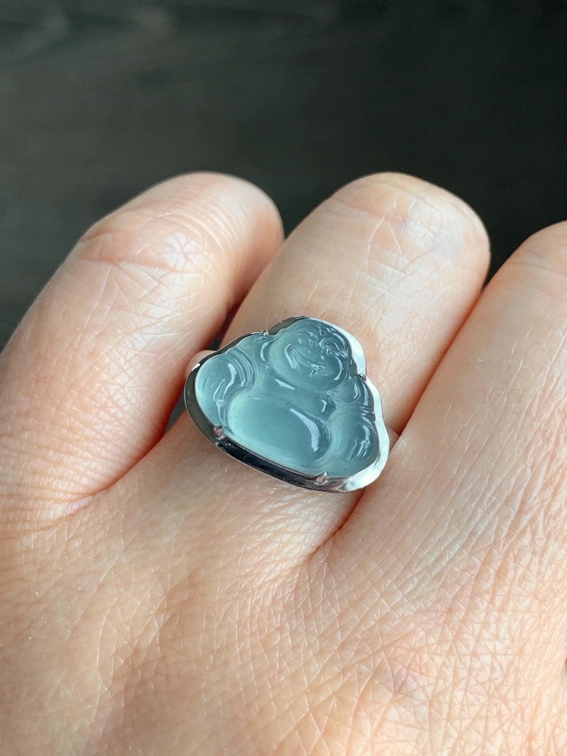 Certified Natural Guatemalan Icy Highly Translucent Light Teal Blue Jadeite Buddha Ring Sterling Silver Size 7