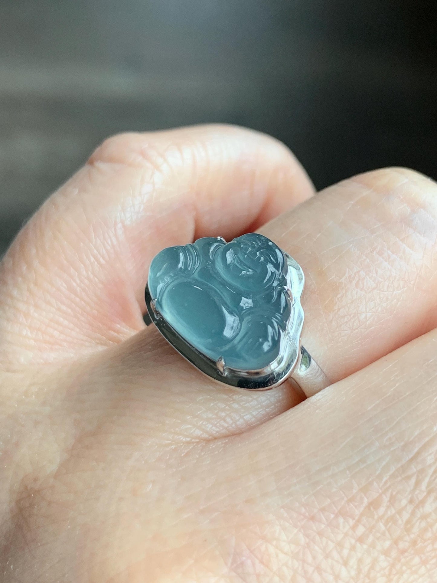 Certified Natural Guatemalan Icy Highly Translucent Light Teal Blue Jadeite Buddha Ring Sterling Silver Size 7