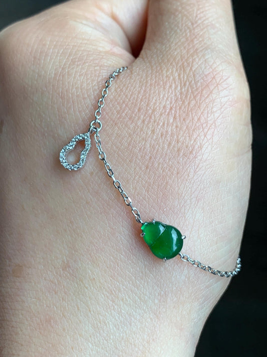 Natural Grade A Guatemalan Icy Translucent Vibrant Green Gourd Hulu Jadeite & Charm Chain Bracelet Sterling Silver 7.25" 天然冰危绿翡翠葫芦银手链
