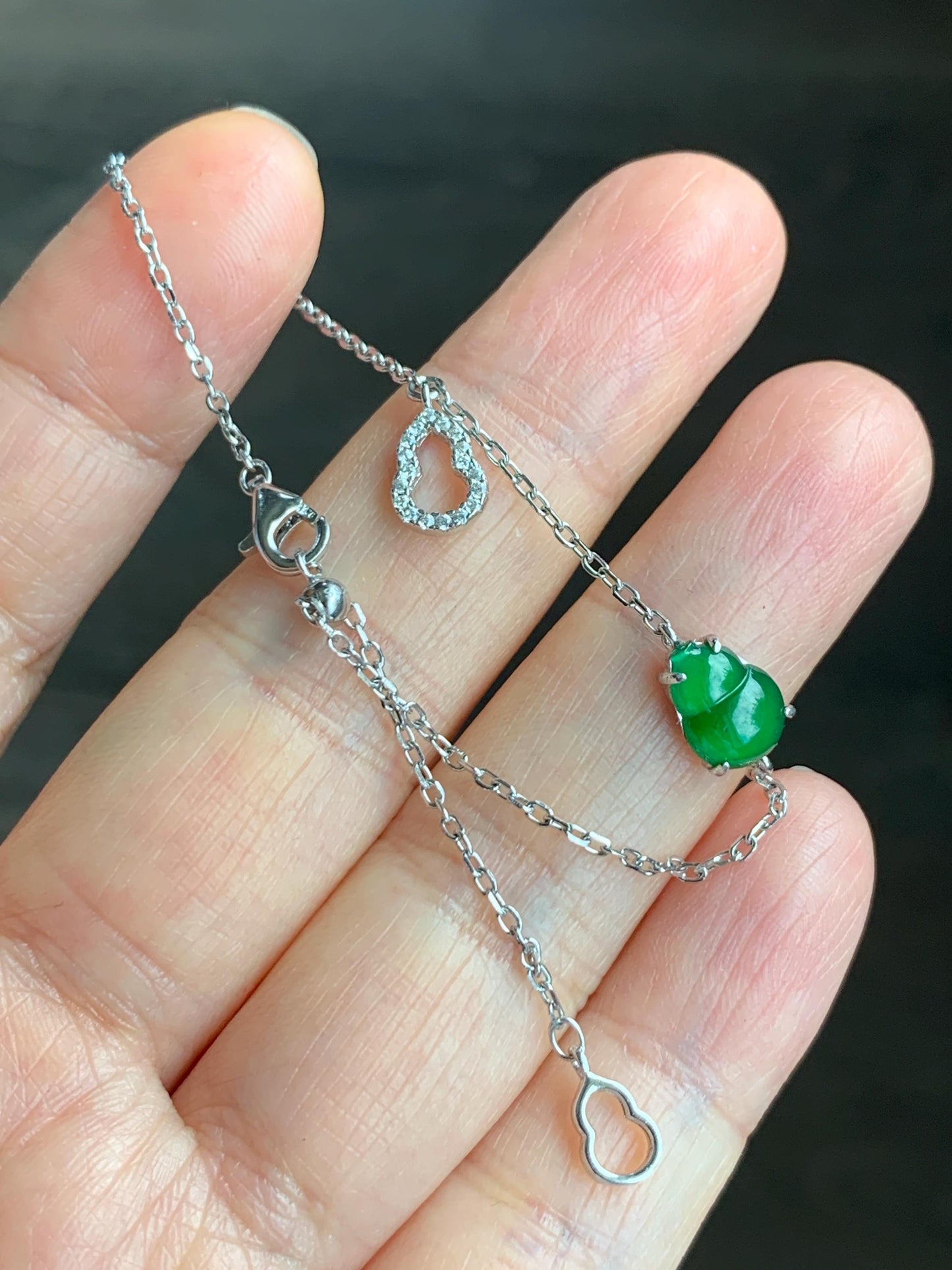 Natural Grade A Guatemalan Icy Translucent Vibrant Green Gourd Hulu Jadeite & Charm Chain Bracelet Sterling Silver 7.25" 天然冰危绿翡翠葫芦银手链