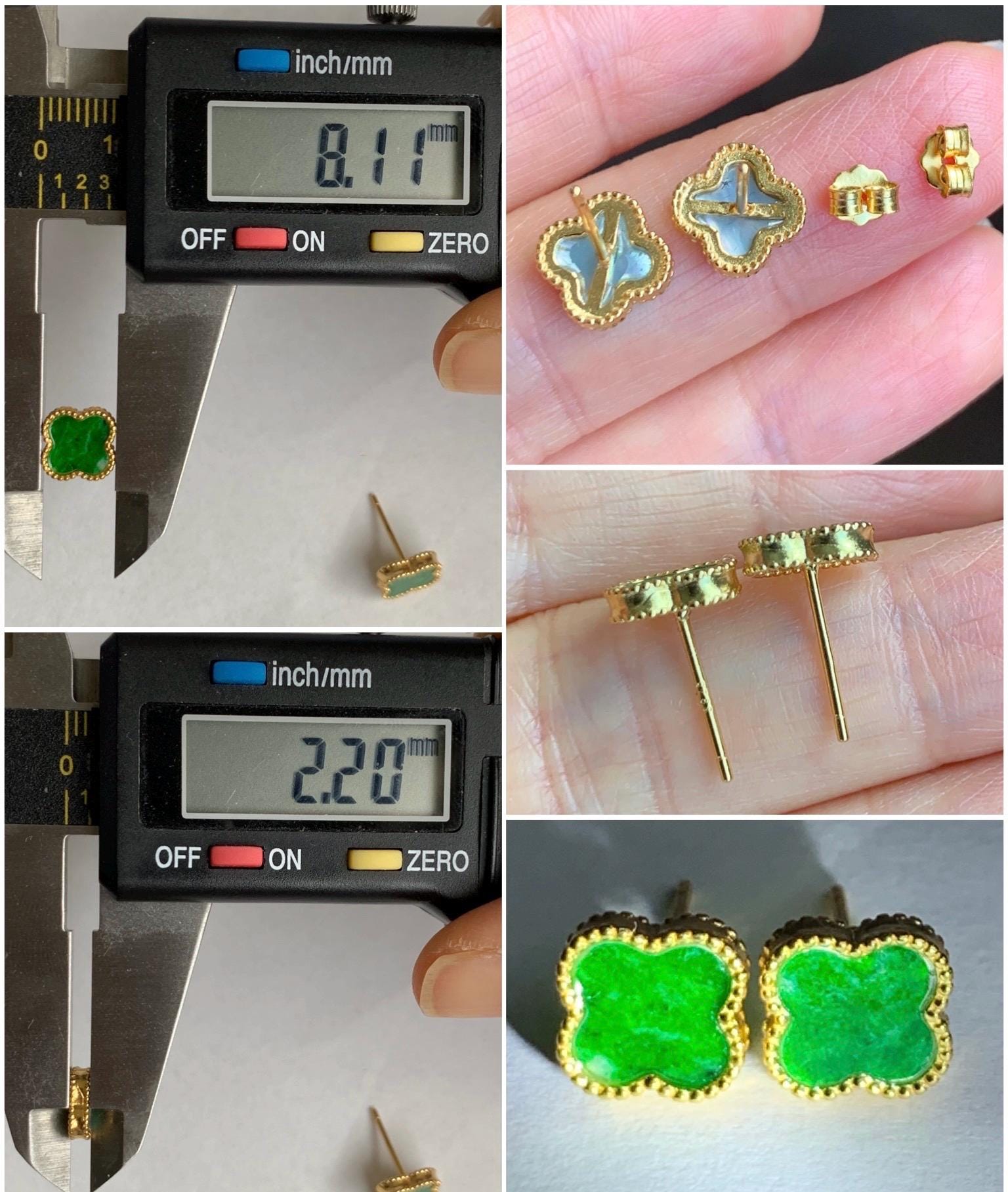 Natural Grade A Vibrant Green Jadeite Clover Leaf Stud Earrings S925 Sterling Silver Yellow Gold Overlay 天然阳绿花青翡翠四叶草贝母银镶耳钉 A