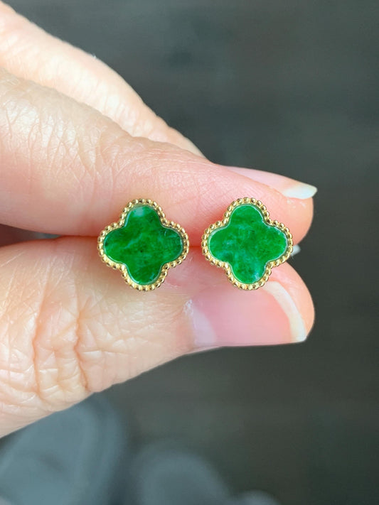 Natural Grade A Vibrant Green Jadeite Clover Leaf Stud Earrings S925 Sterling Silver Yellow Gold Overlay 天然阳绿花青翡翠四叶草贝母银镶耳钉