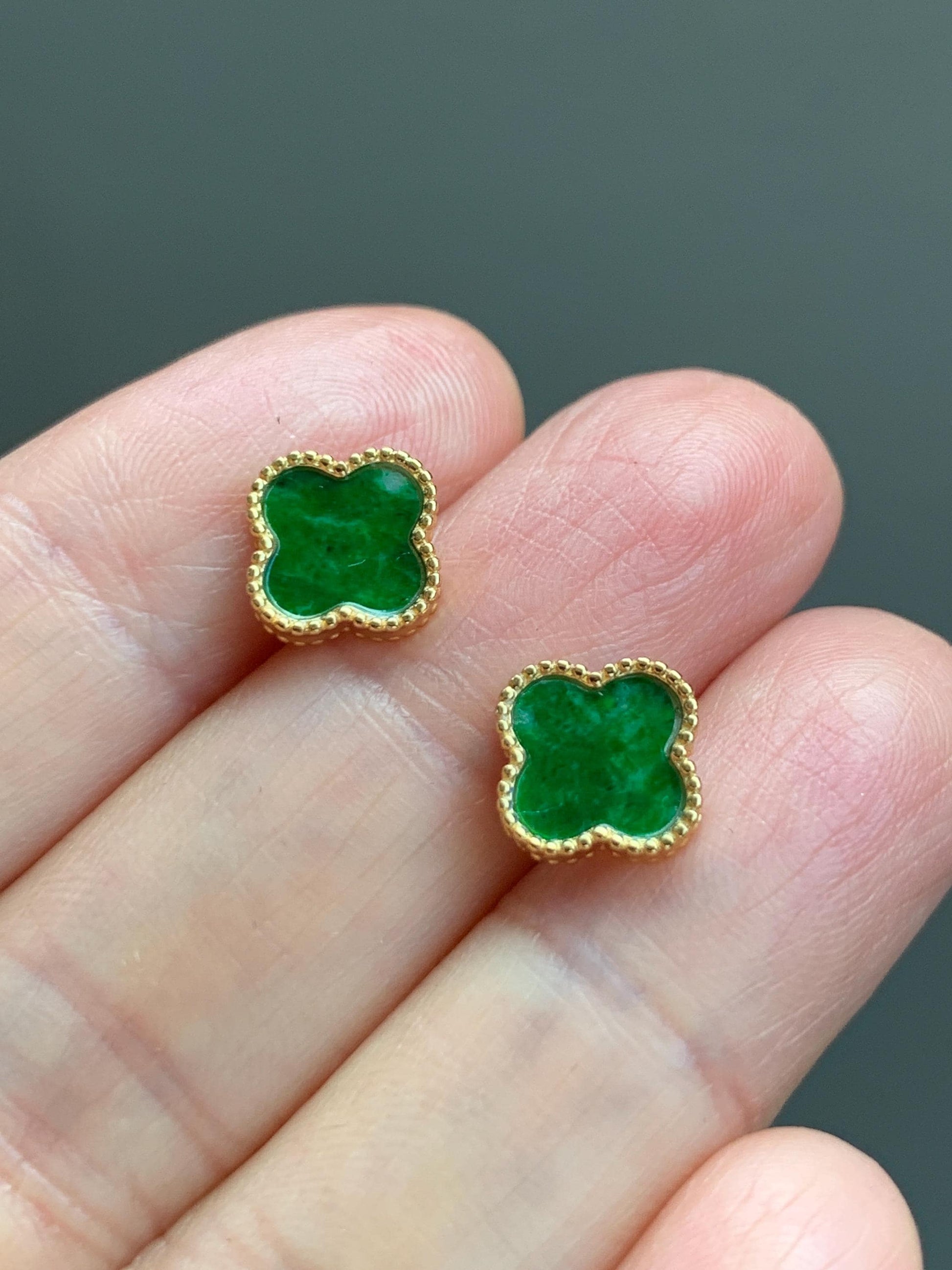 Natural Grade A Vibrant Green Jadeite Clover Leaf Stud Earrings S925 Sterling Silver Yellow Gold Overlay