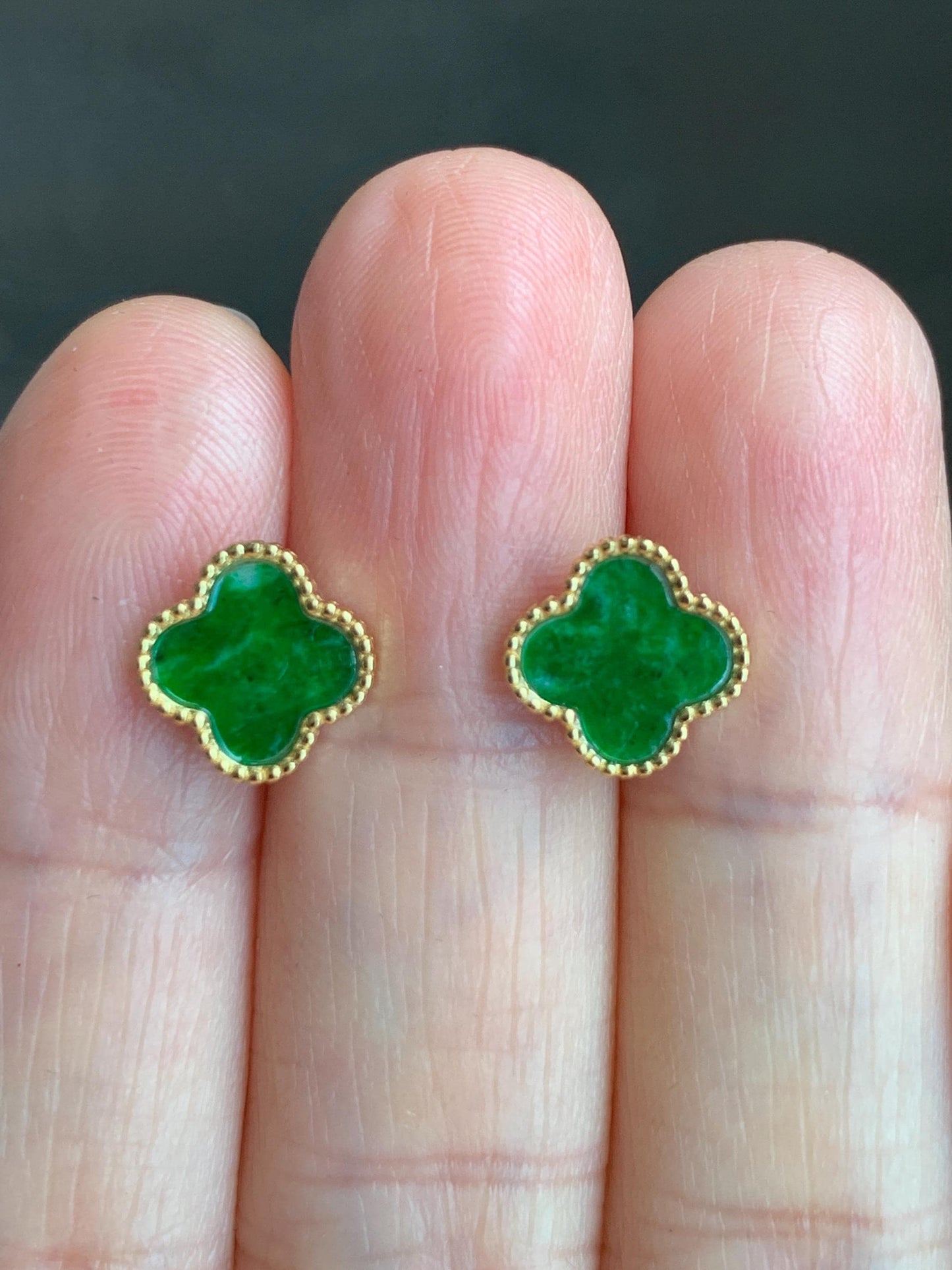Natural Grade A Vibrant Green Jadeite Clover Leaf Stud Earrings S925 Sterling Silver Yellow Gold Overlay