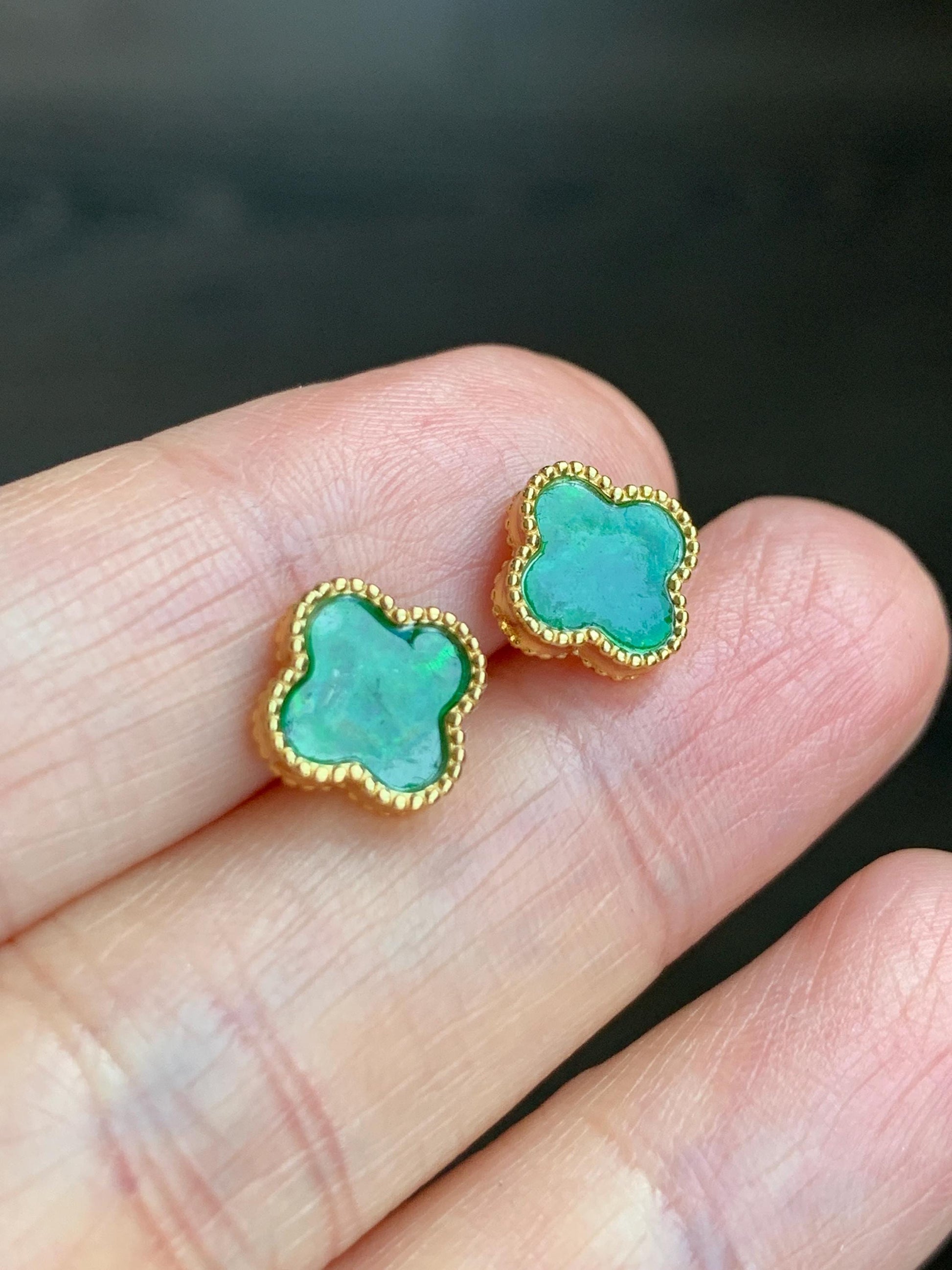 Natural Grade A Vibrant Green Jadeite Clover Leaf Stud Earrings S925 Sterling Silver Yellow Gold Overlay 天然阳绿花青翡翠四叶草贝母银镶耳钉 A