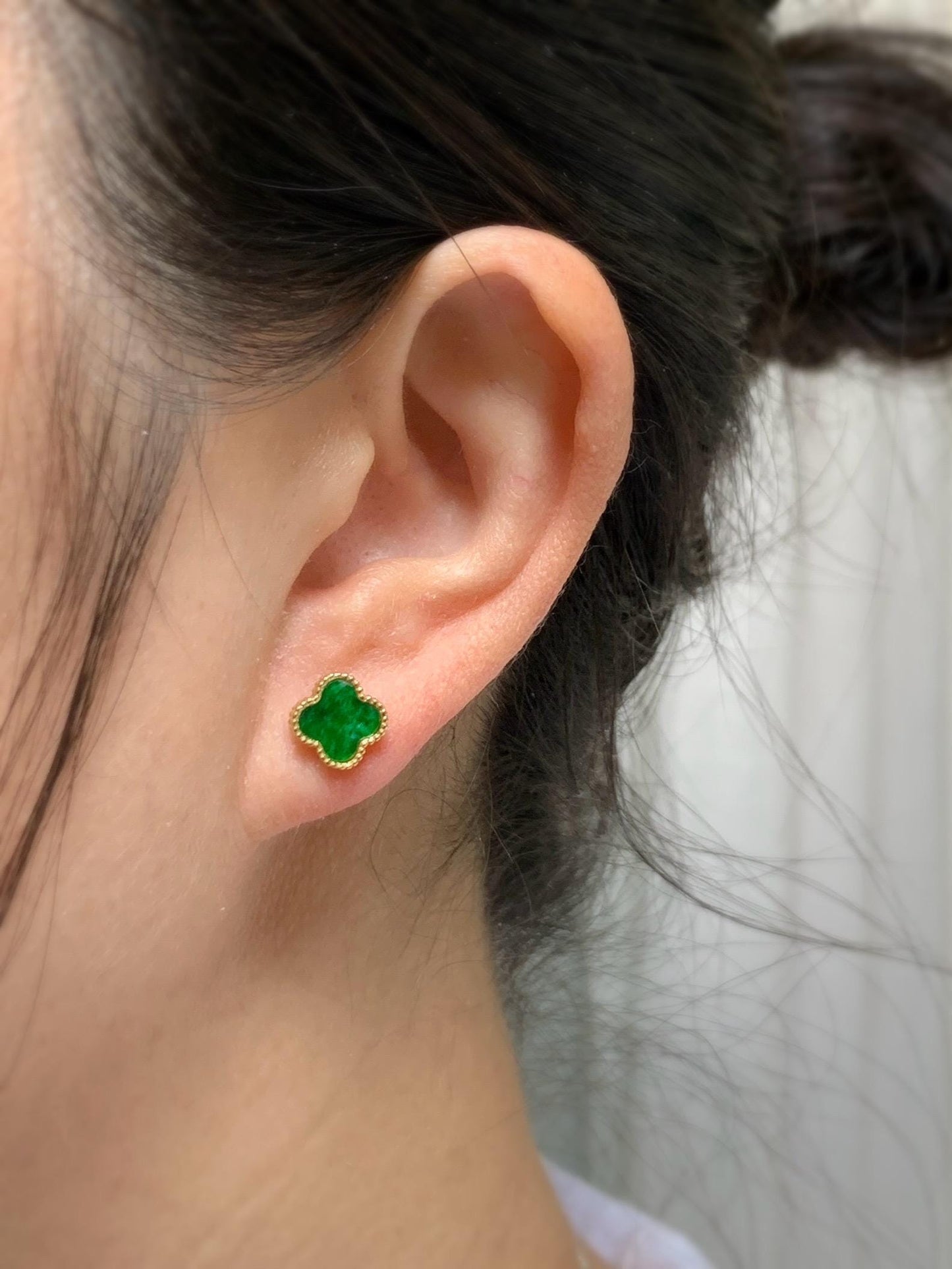 Natural Grade A Vibrant Green Jadeite Clover Leaf Stud Earrings S925 Sterling Silver Yellow Gold Overlay