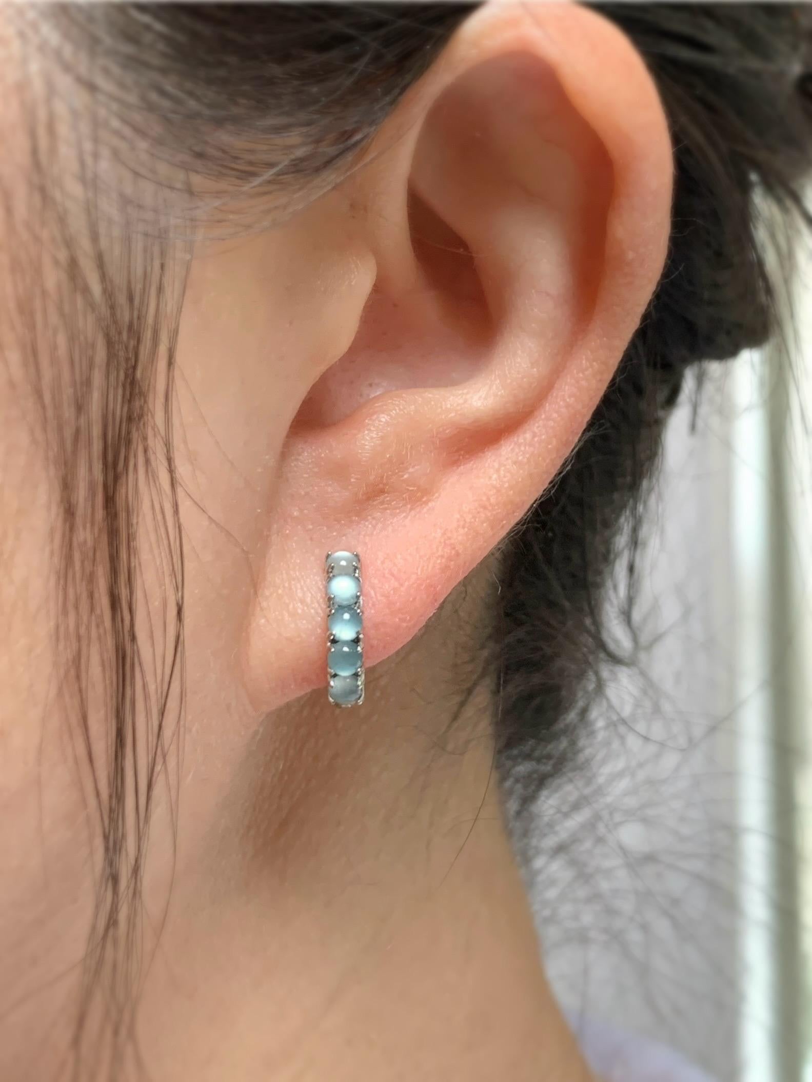 Natural Guatemalan Grade A Icy Highly Translucent Light Blue Jadeite Hoop Huggie Earrings Sterling Silver 天然冰危淡蓝起光翡翠银镶耳包 LEB160