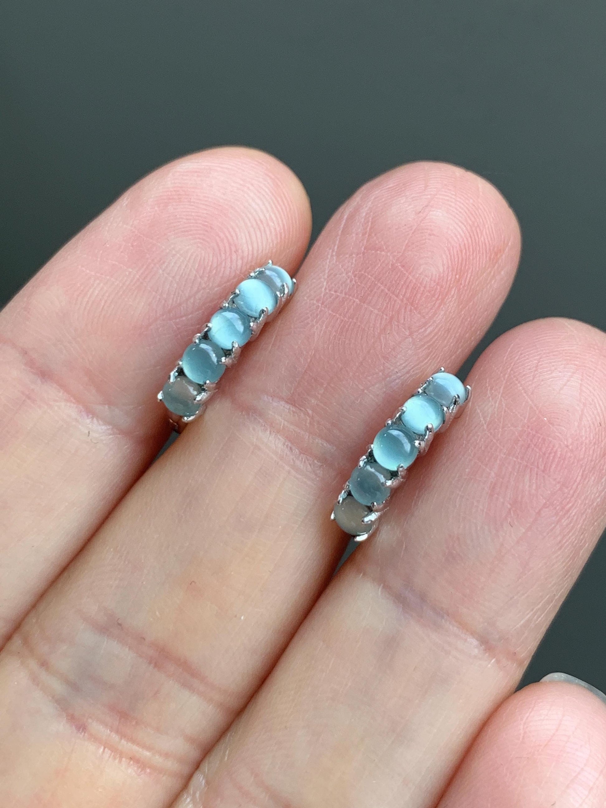 Natural Guatemalan Grade A Icy Highly Translucent Light Blue Jadeite Hoop Huggie Earrings Sterling Silver 天然冰危淡蓝起光翡翠银镶耳包 LEB160