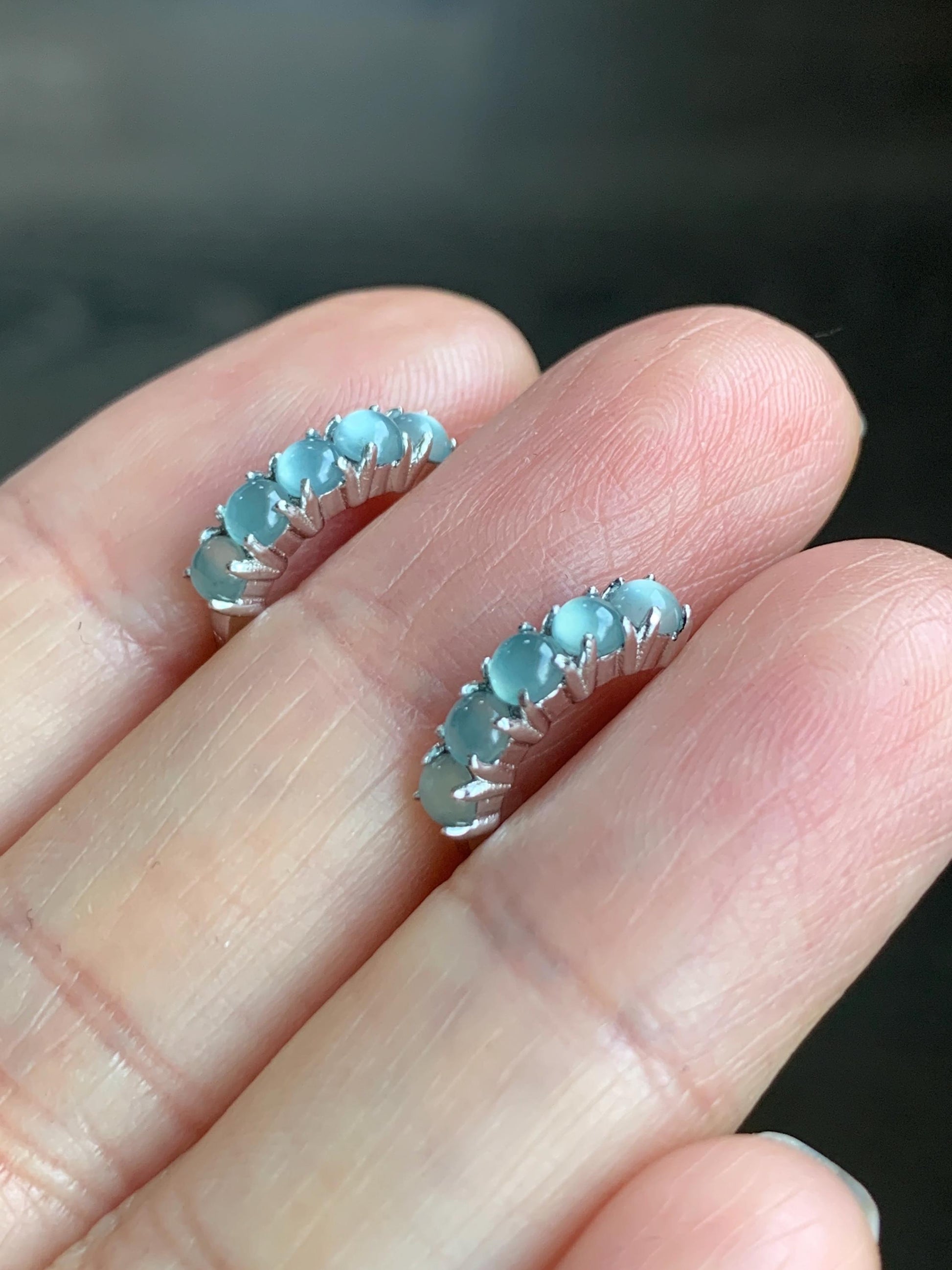 Natural Guatemalan Grade A Icy Highly Translucent Light Blue Jadeite Hoop Huggie Earrings Sterling Silver 天然冰危淡蓝起光翡翠银镶耳包 LEB160