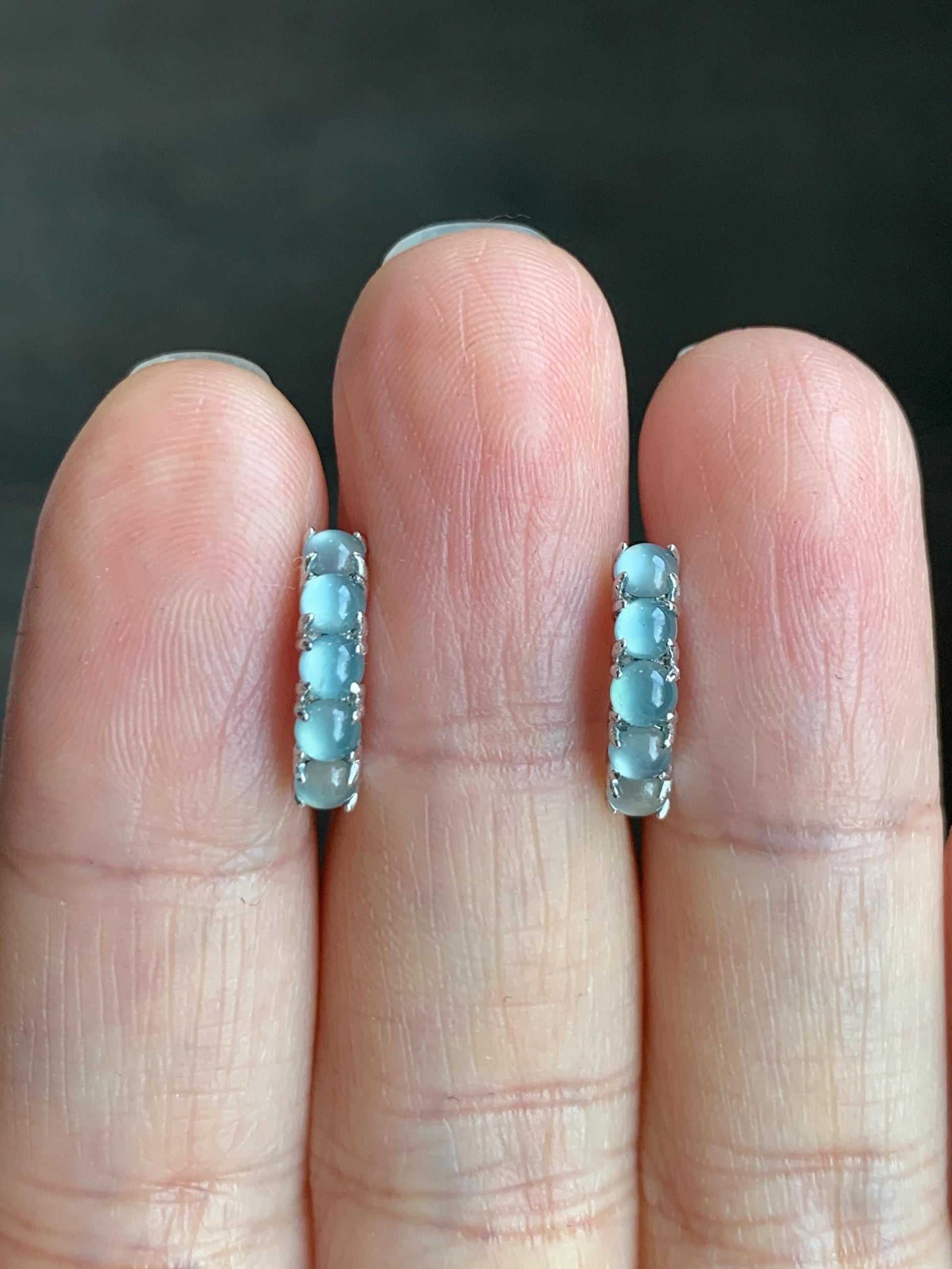 Natural Guatemalan Grade A Icy Highly Translucent Light Blue Jadeite Hoop Huggie Earrings Sterling Silver 天然冰危淡蓝起光翡翠银镶耳包 LEB160