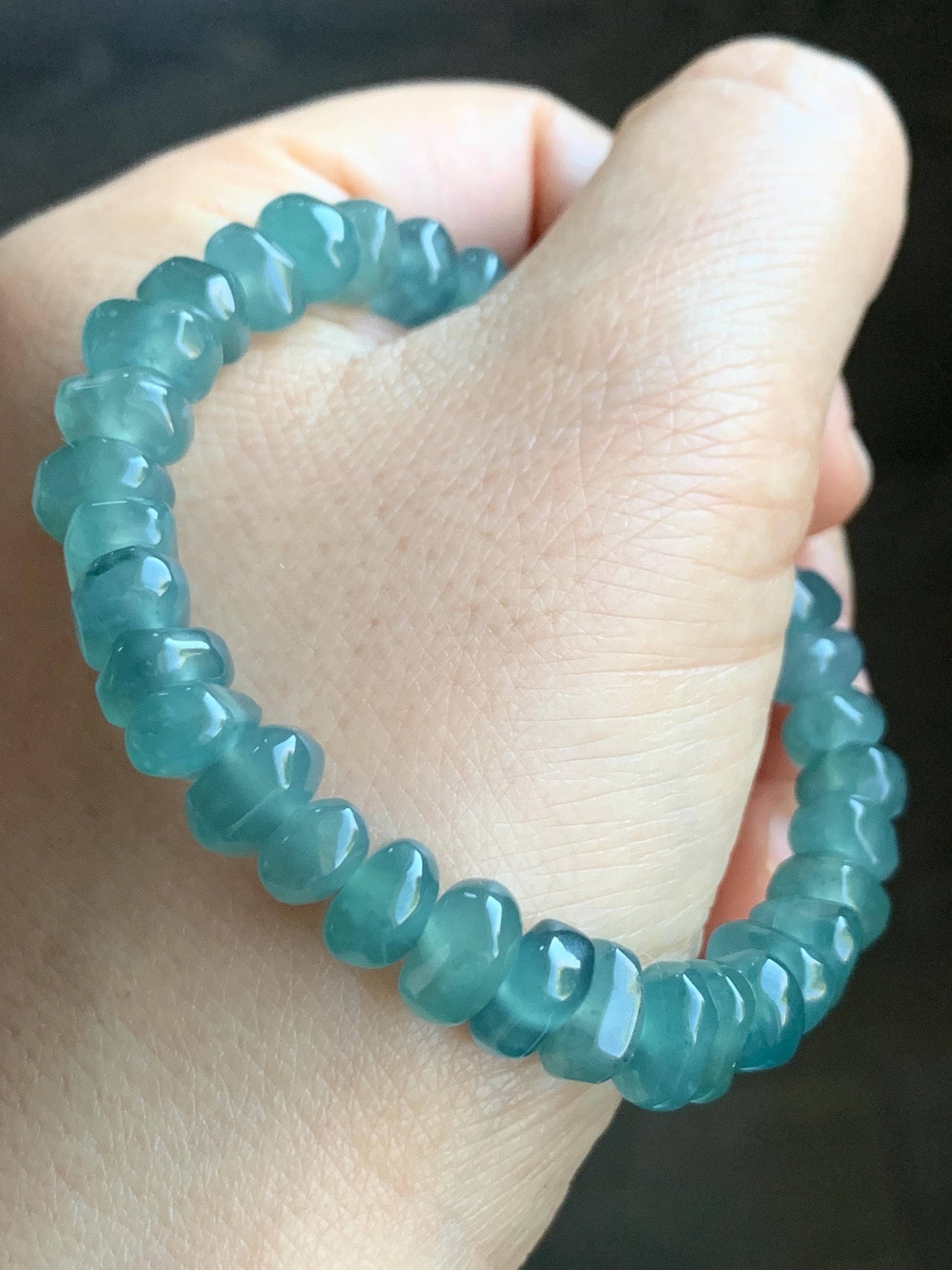Natural Guatemalan Icy Highly Translucent Teal Blue Jadeite Pomegranate Nugget Beads Beaded Bracelet Stretchy 6.5” 21g 天然冰危蓝水翡翠随形珠手串 No 1