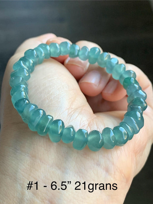 Natural Guatemalan Icy Highly Translucent Teal Blue Jadeite Pomegranate Nugget Beads Beaded Bracelet Stretchy 6.5” 21g 天然冰危蓝水翡翠随形珠手串 No 1