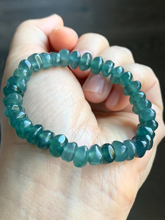 Natural Guatemalan Icy Highly Translucent Dark Teal Blue Jadeite Pomegranate Nugget Beads Beaded Bracelet 6.25” 21g 天然冰危深蓝水翡翠随形珠手串 No 2