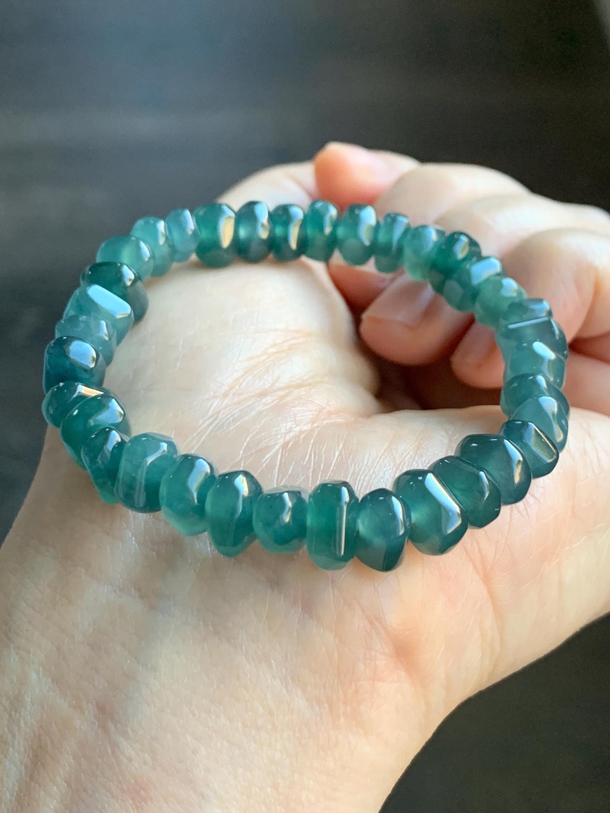Natural Guatemalan Icy Highly Translucent Dark Teal Blue Jadeite Pomegranate Nugget Beads Beaded Bracelet 6.25” 21g 天然冰危深蓝水翡翠随形珠手串 No 2
