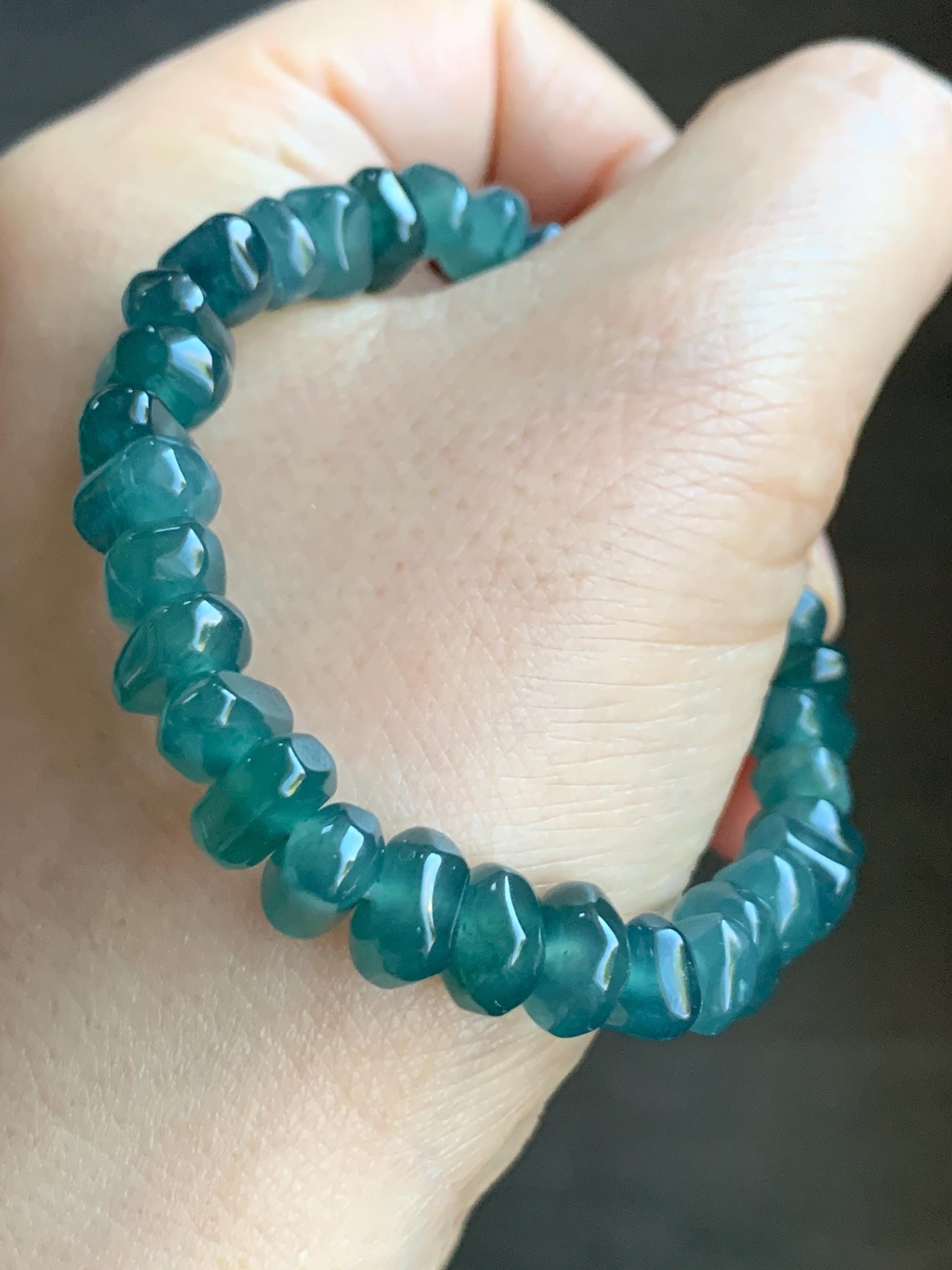 Natural Guatemalan Icy Highly Translucent Dark Teal Blue Jadeite Pomegranate Nugget Beads Beaded Bracelet 6.25” 21g 天然冰危深蓝水翡翠随形珠手串 No 2