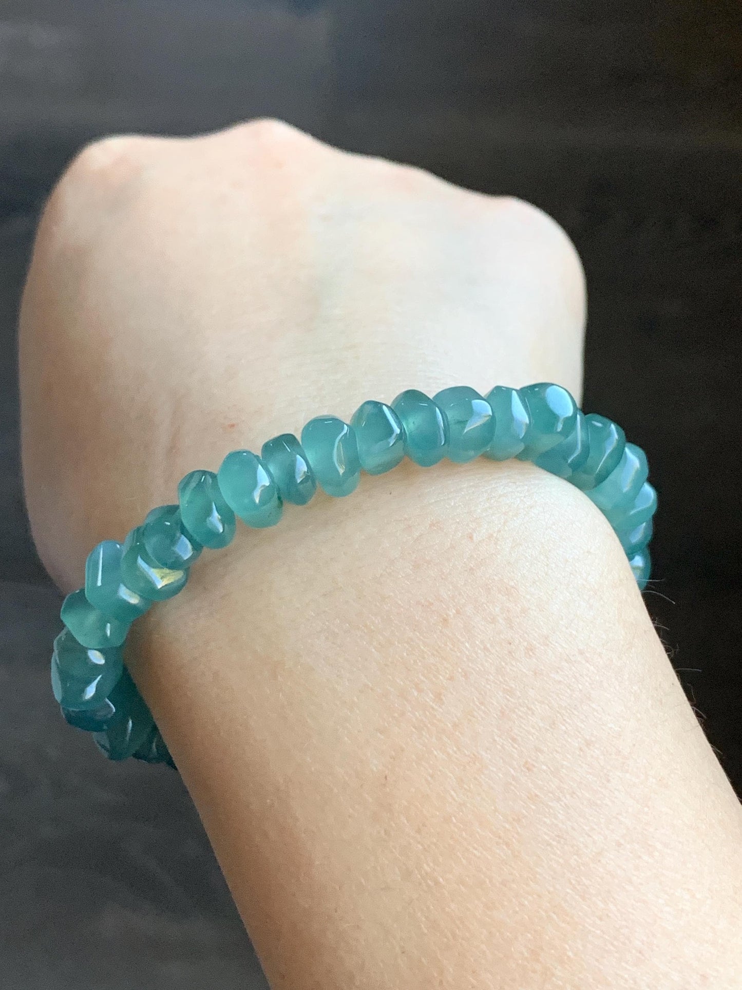 Natural Guatemalan Icy Highly Translucent Teal Blue Jadeite Pomegranate Nugget Beads Beaded Bracelet Stretchy 6.25” 20g 天然冰危蓝水翡翠随形珠手串 No 3